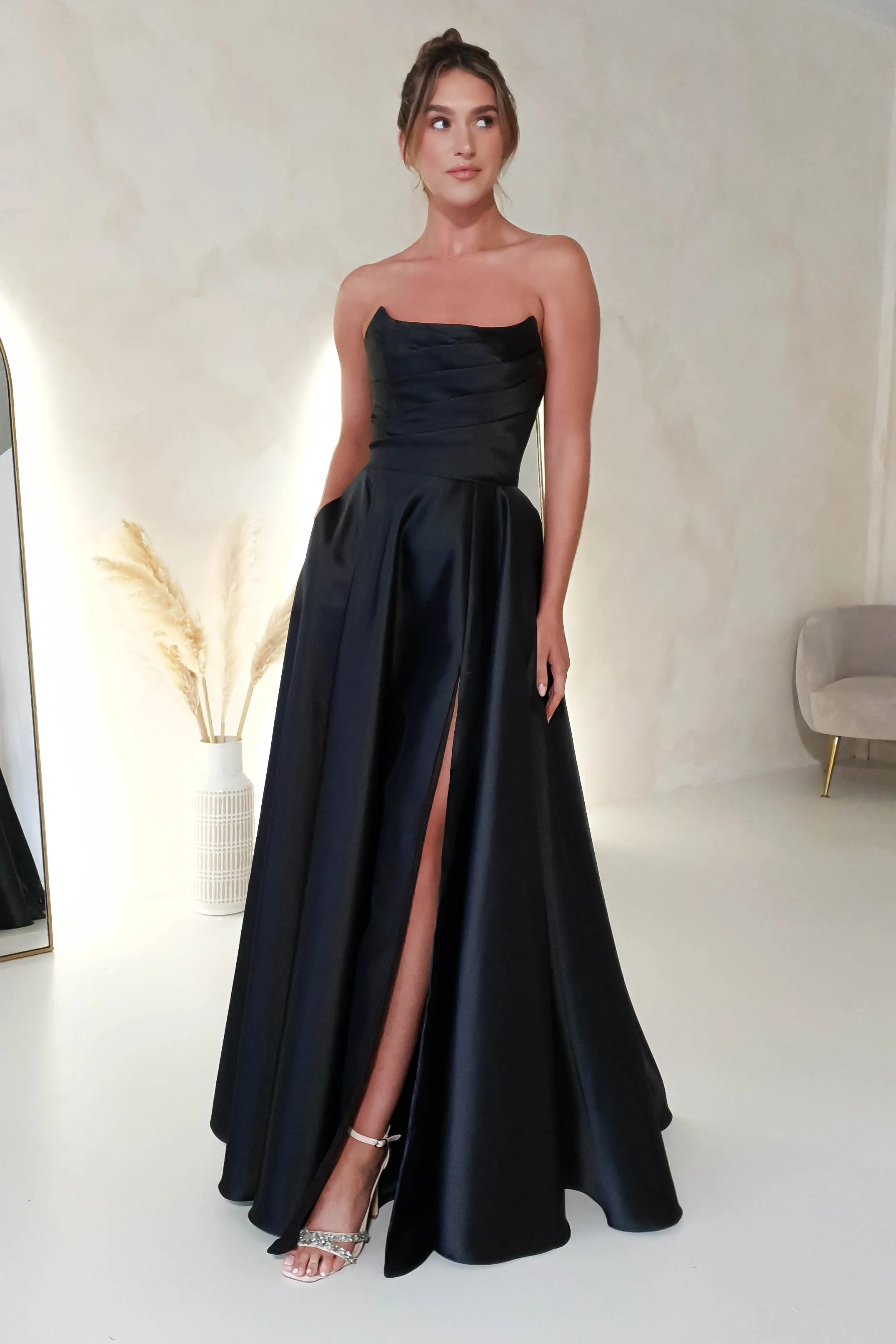 Miya Corset A-Line Satin Gown | Black