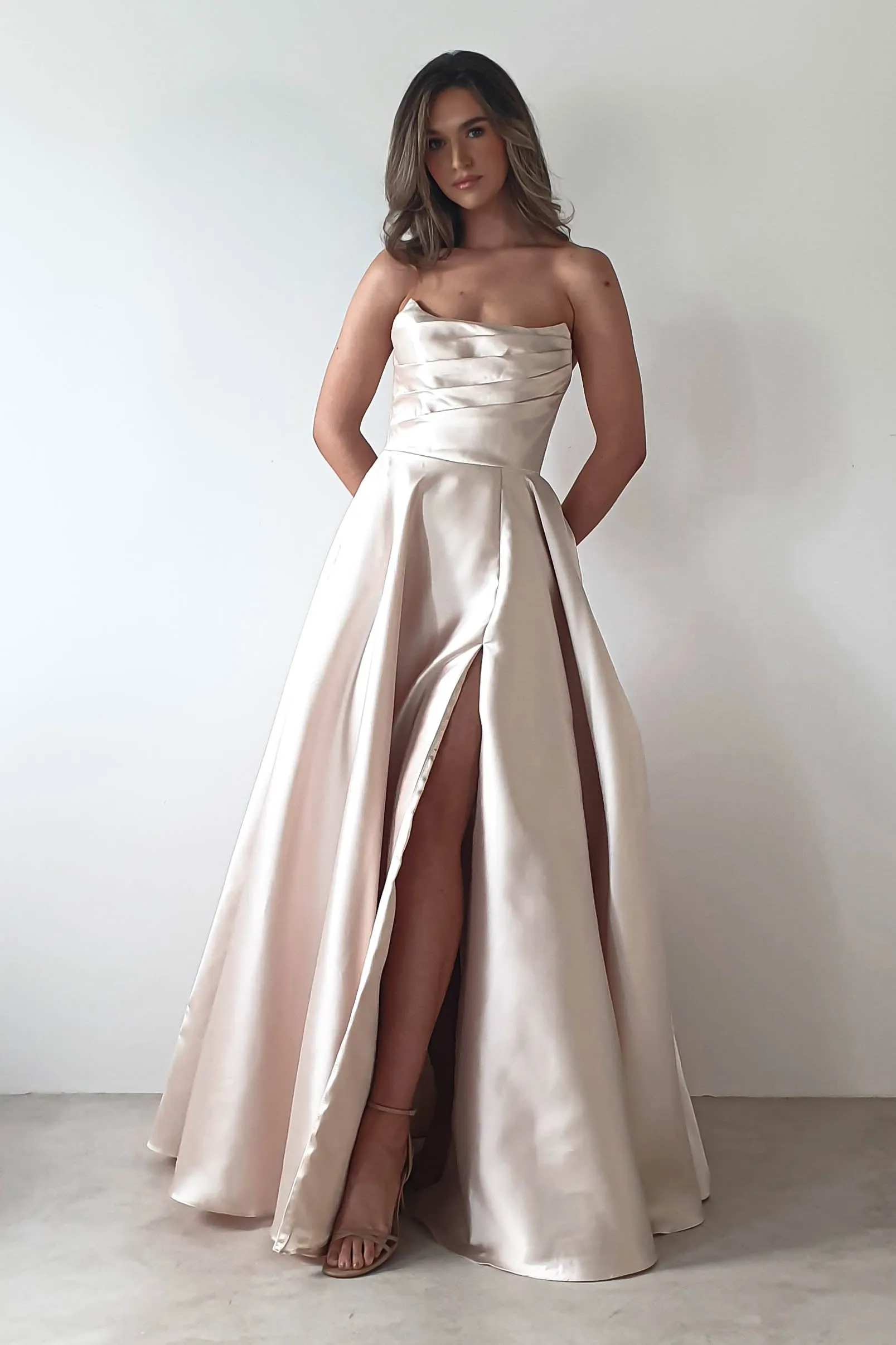 Miya Corset A-Line Satin Gown | Champagne