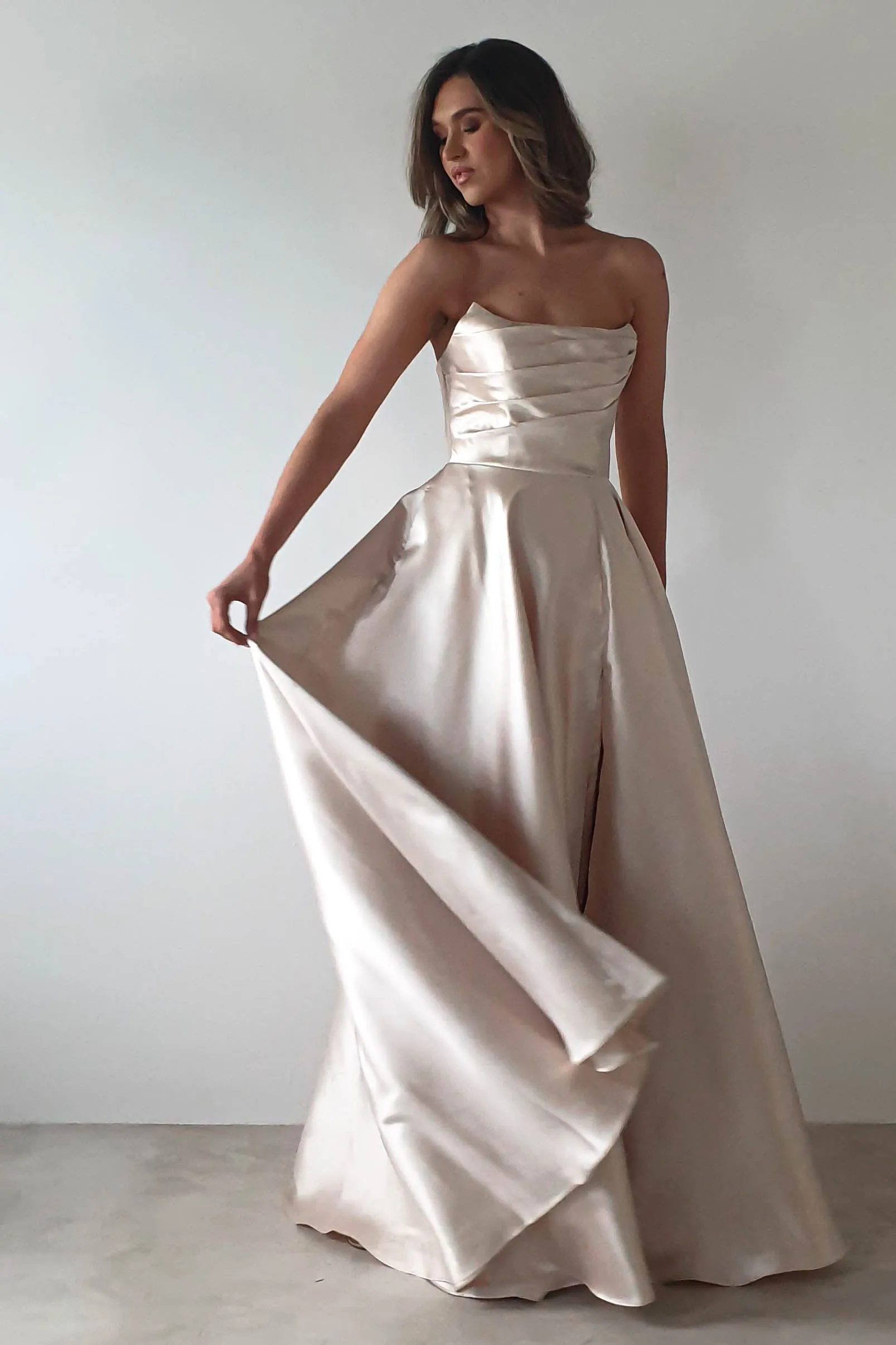 Miya Corset A-Line Satin Gown | Champagne