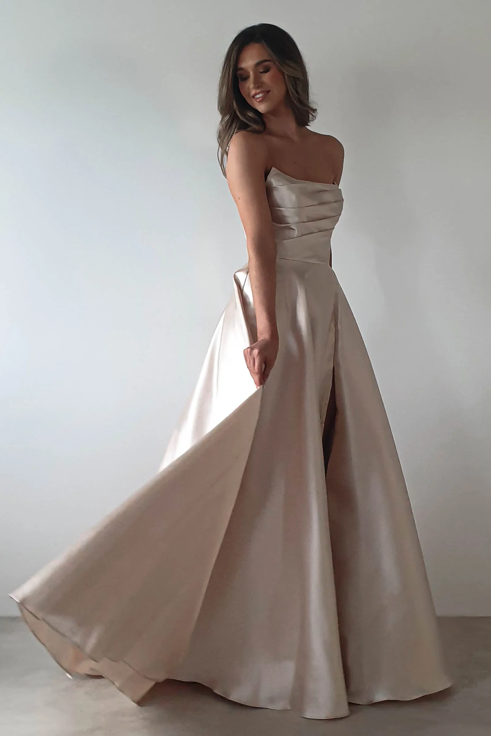 Miya Corset A-Line Satin Gown | Champagne