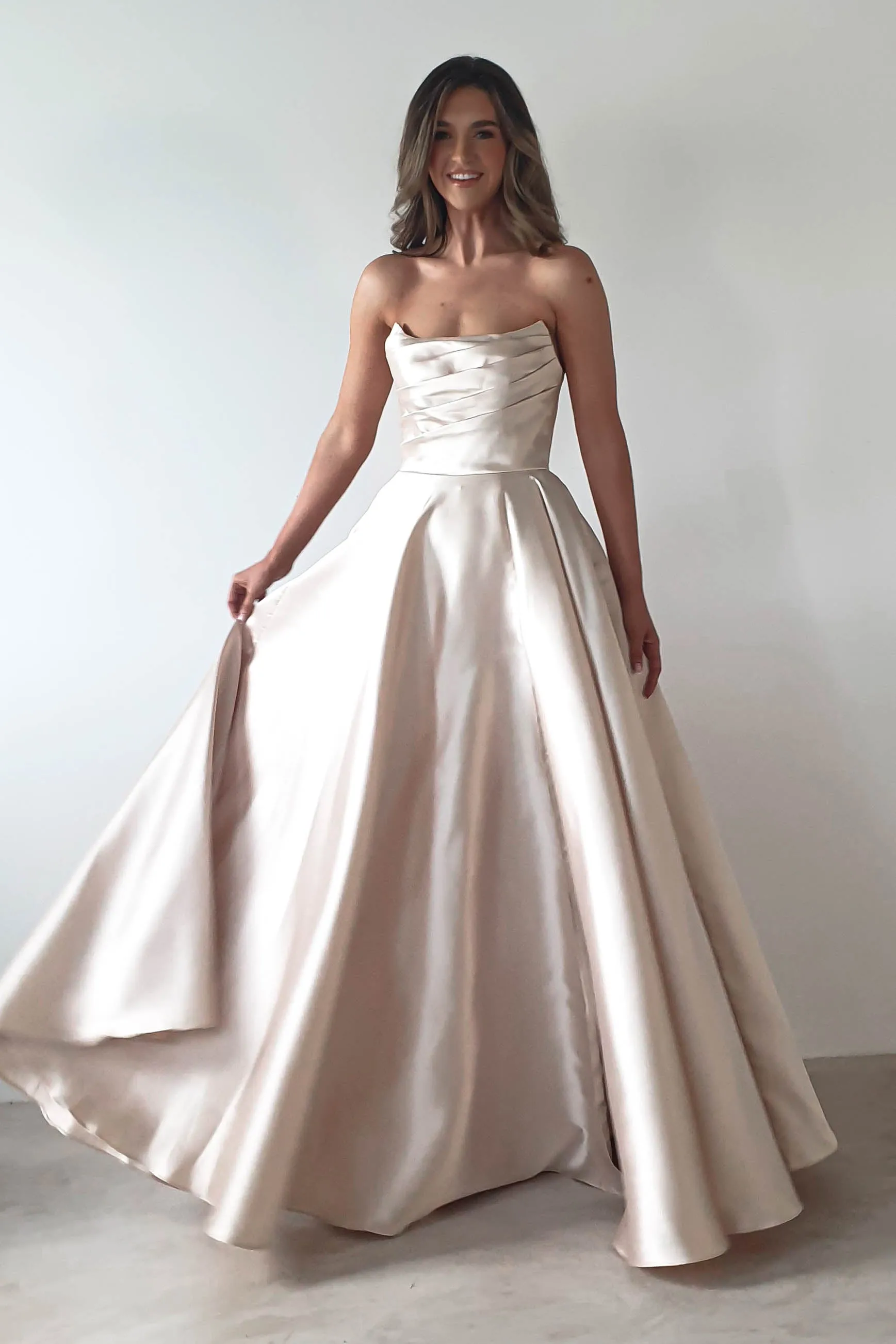 Miya Corset A-Line Satin Gown | Champagne