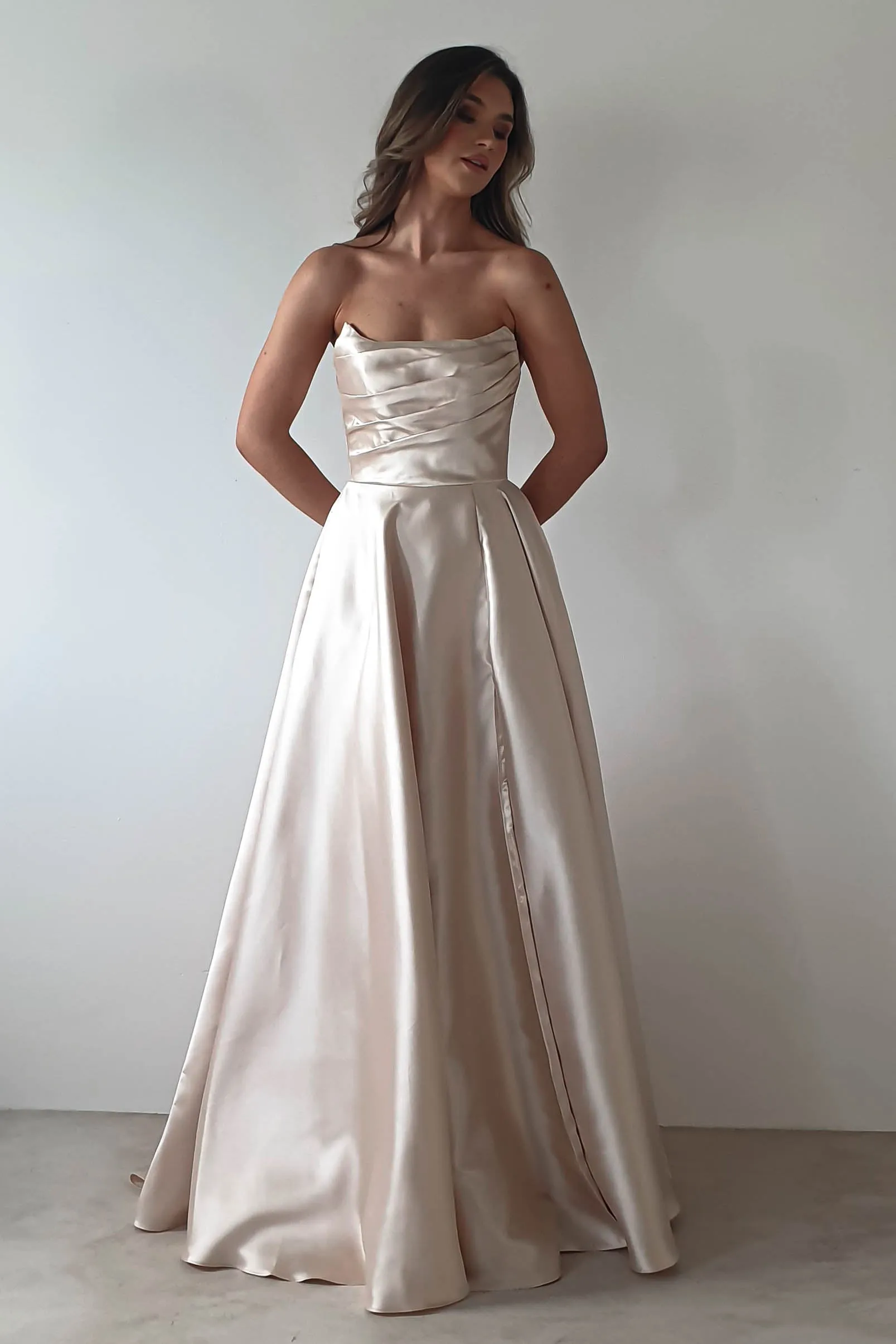 Miya Corset A-Line Satin Gown | Champagne