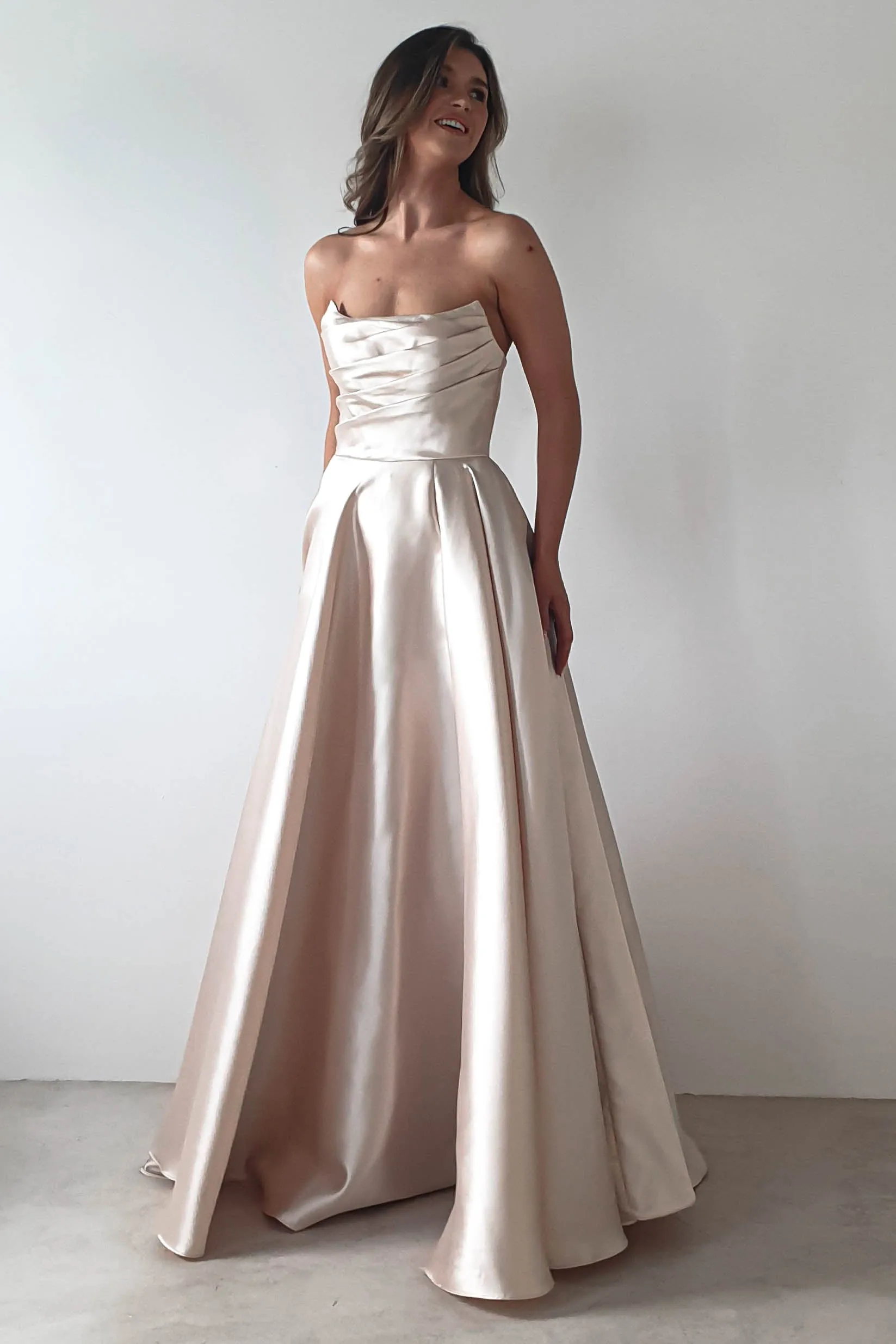 Miya Corset A-Line Satin Gown | Champagne