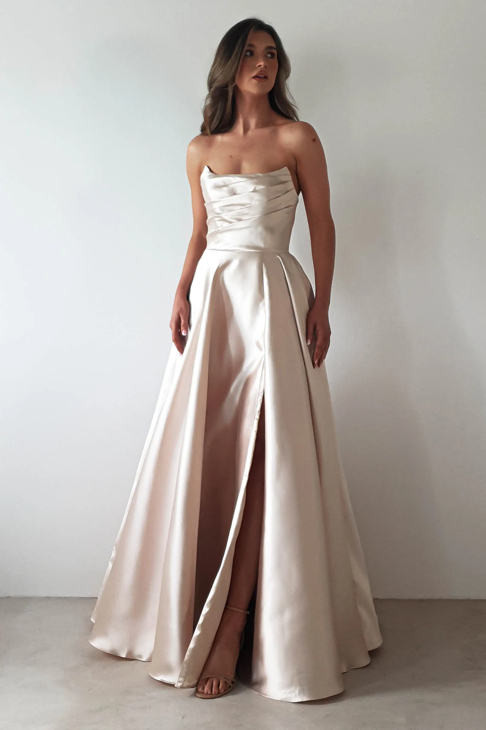 Miya Corset A-Line Satin Gown | Champagne