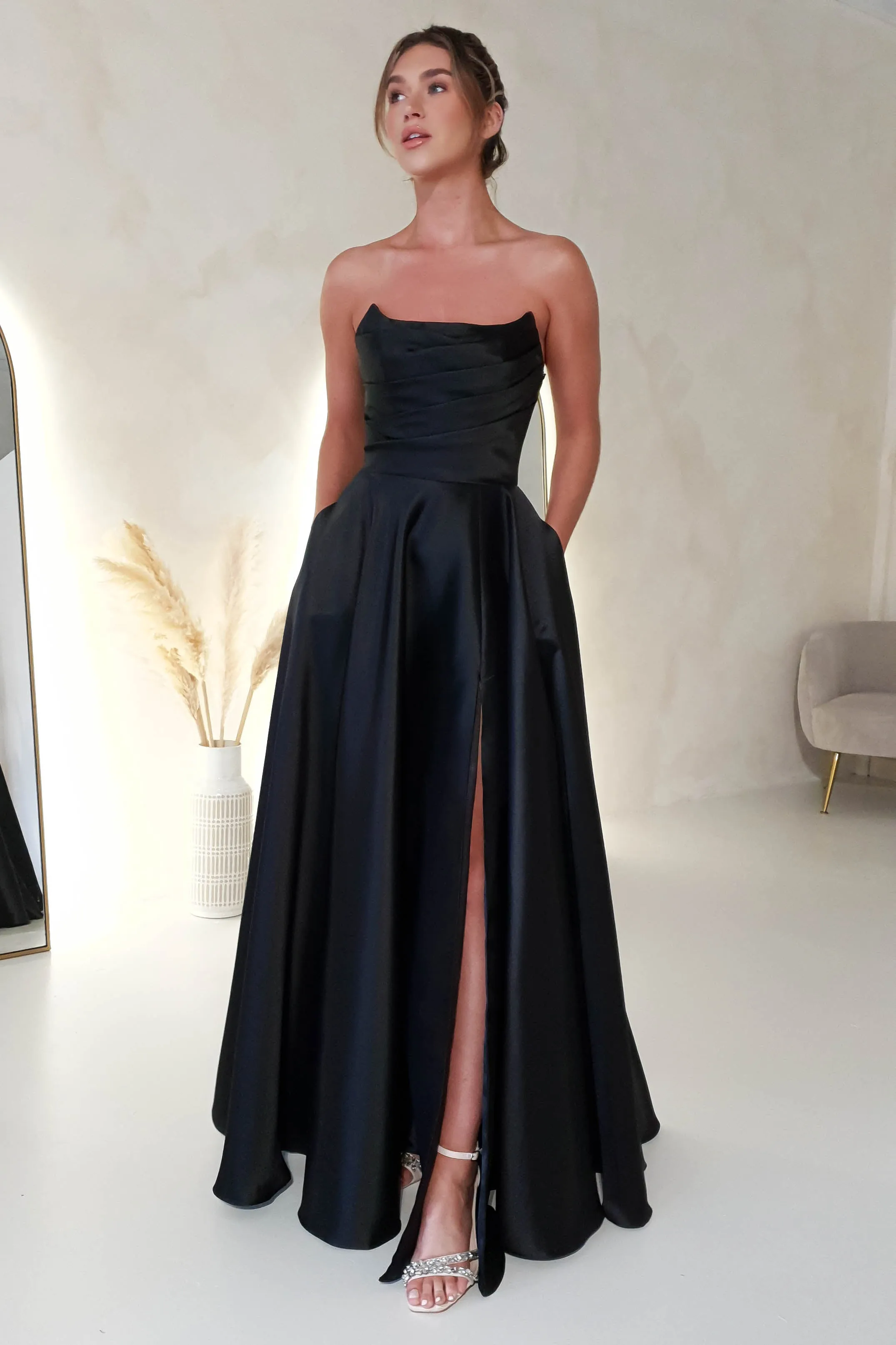 Miya Corset A-Line Satin Gown  dress,evening dress,graduation dress,party dress,birthday dress,beautiful dress,dress,summer dress,beautiful dressBlack