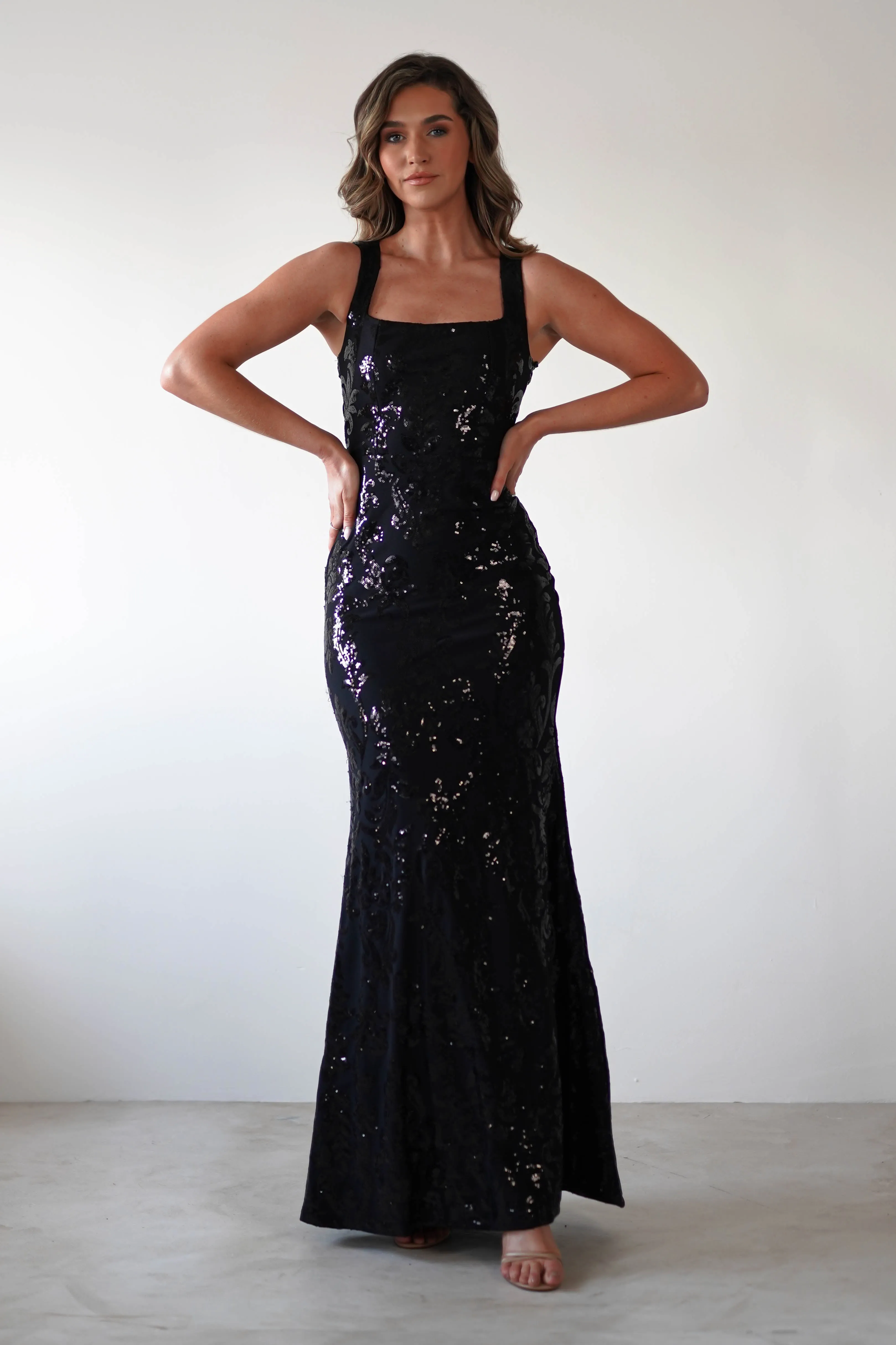 Nadia Square Neck Sequin Gown  dress,evening dress,graduation dress,party dress,birthday dress,beautiful dress,dress,summer dress,beautiful dressBlack