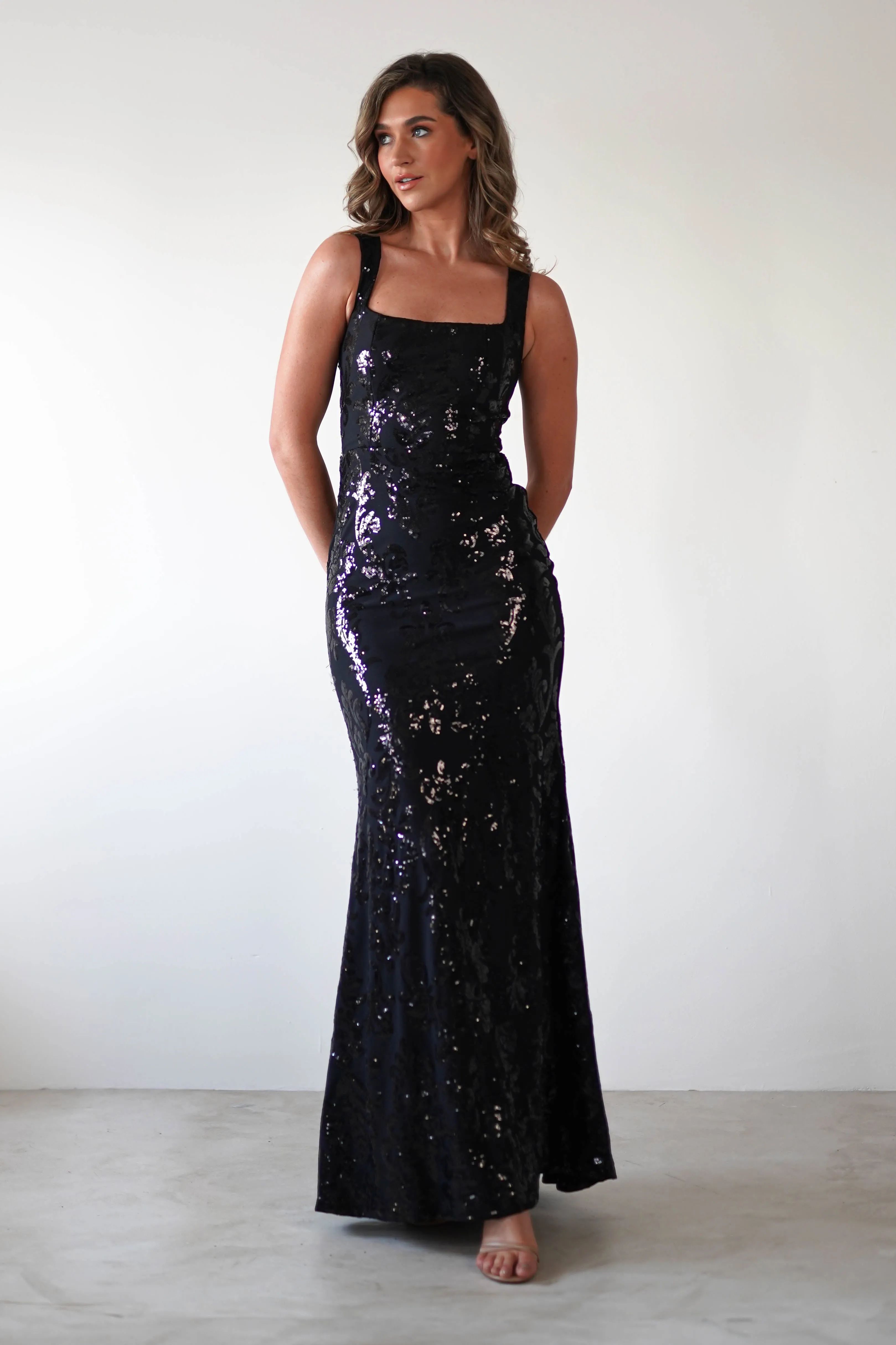 Nadia Square Neck Sequin Gown  dress,evening dress,graduation dress,party dress,birthday dress,beautiful dress,dress,summer dress,beautiful dressBlack