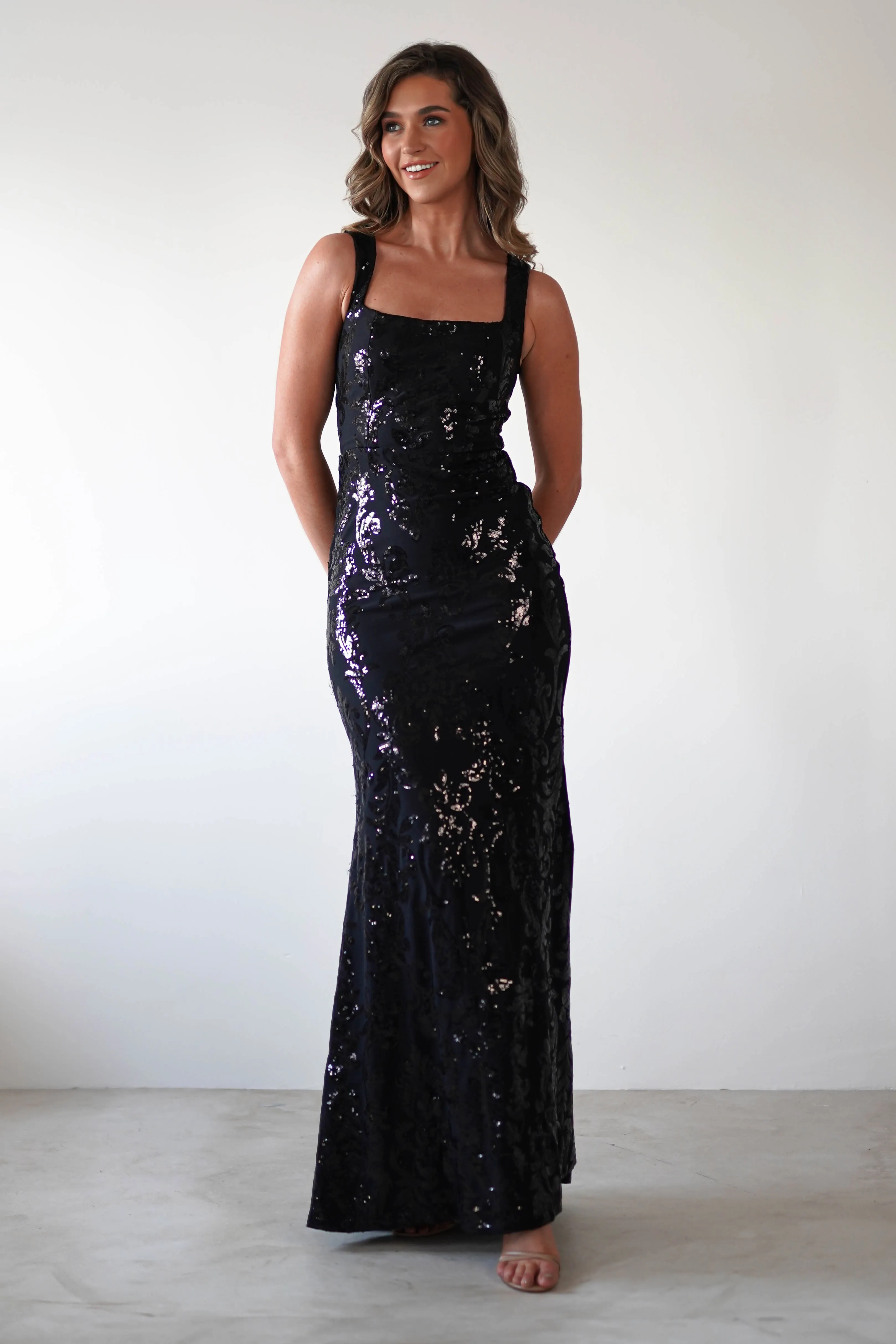 Nadia Square Neck Sequin Gown  dress,evening dress,graduation dress,party dress,birthday dress,beautiful dress,dress,summer dress,beautiful dressBlack