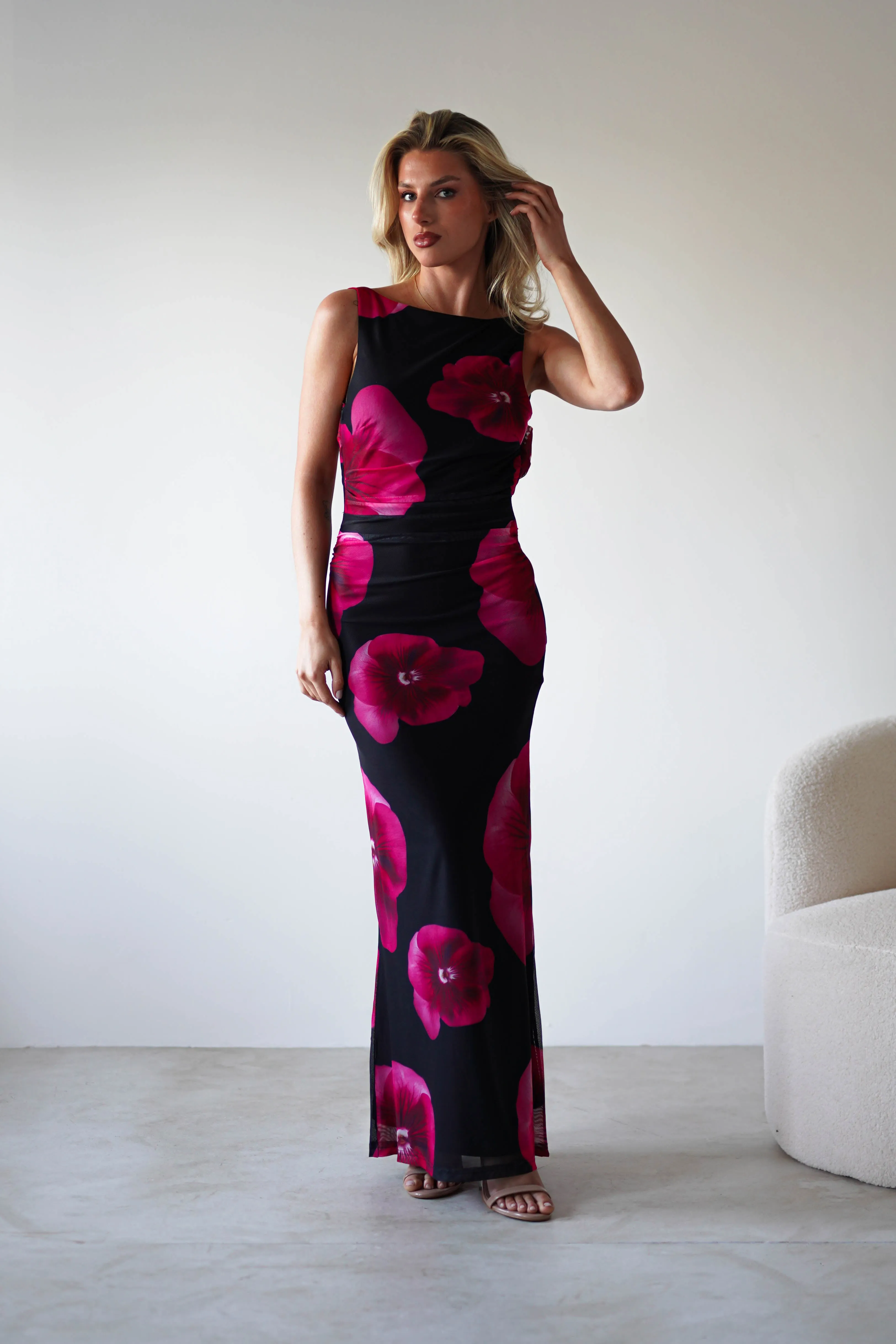 Nakita Mesh Floral Print Maxi Dress | Black