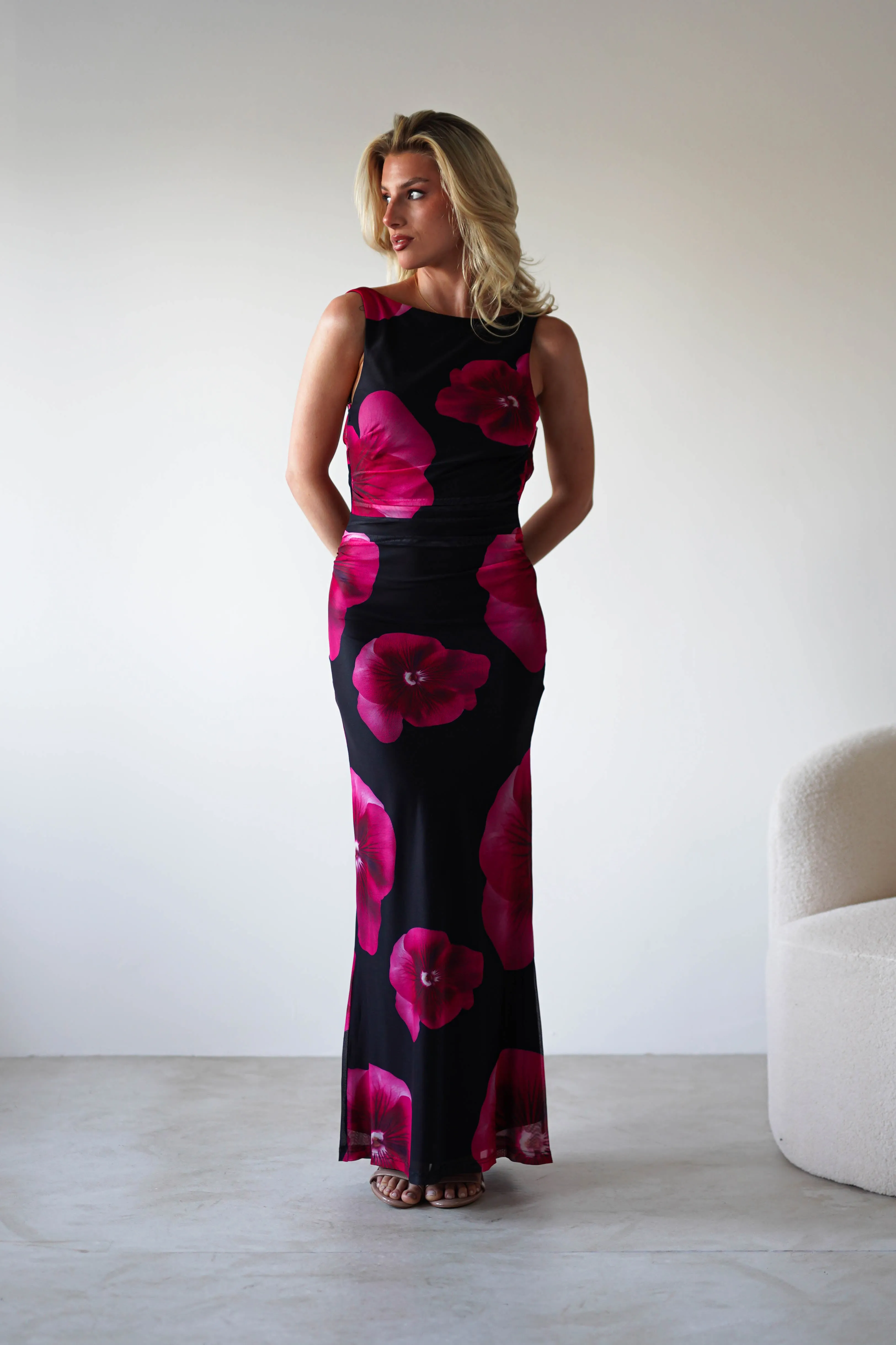 Nakita Mesh Floral Print Maxi Dress | Black