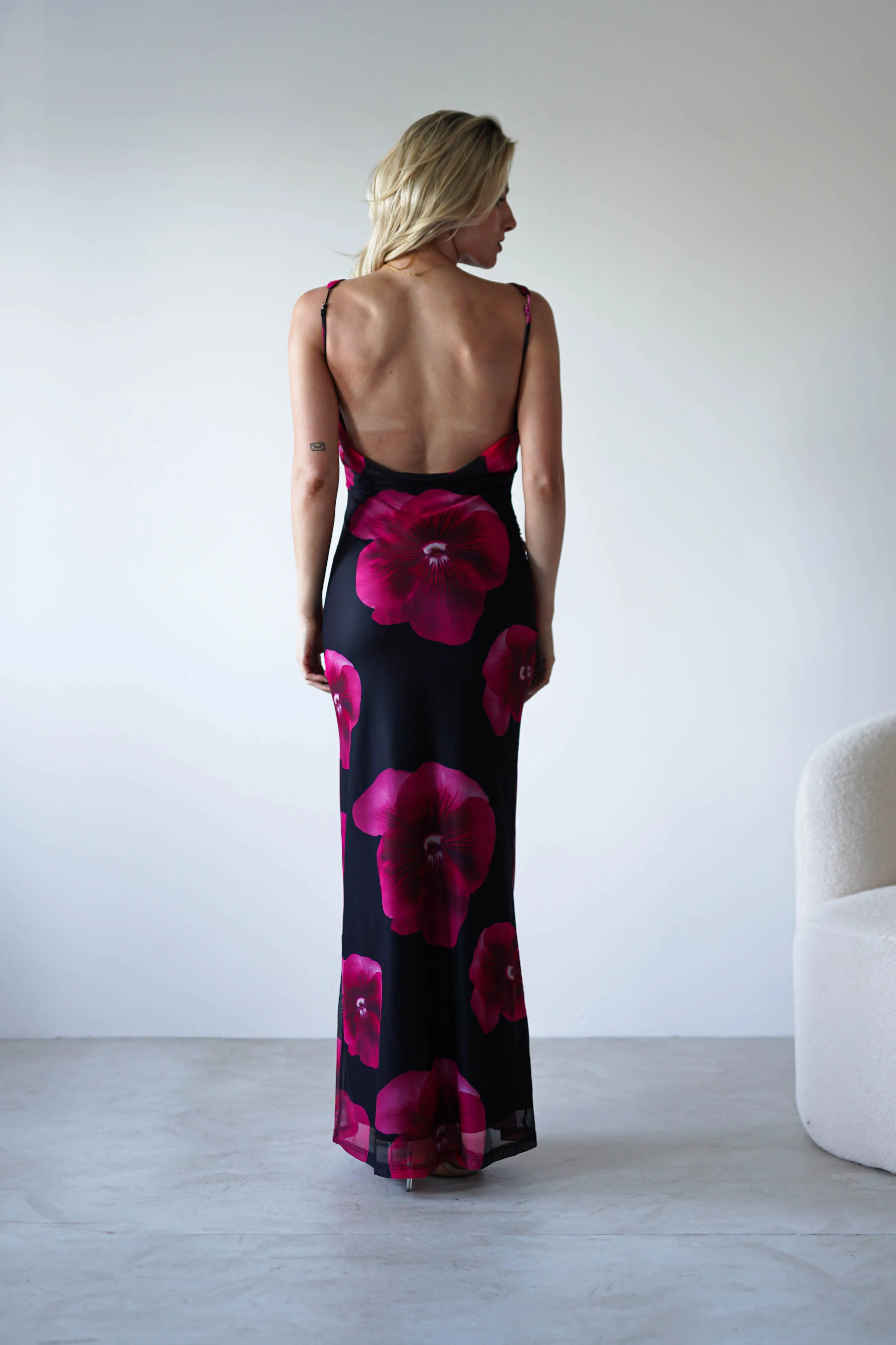 Nakita Mesh Floral Print Maxi Dress | Black