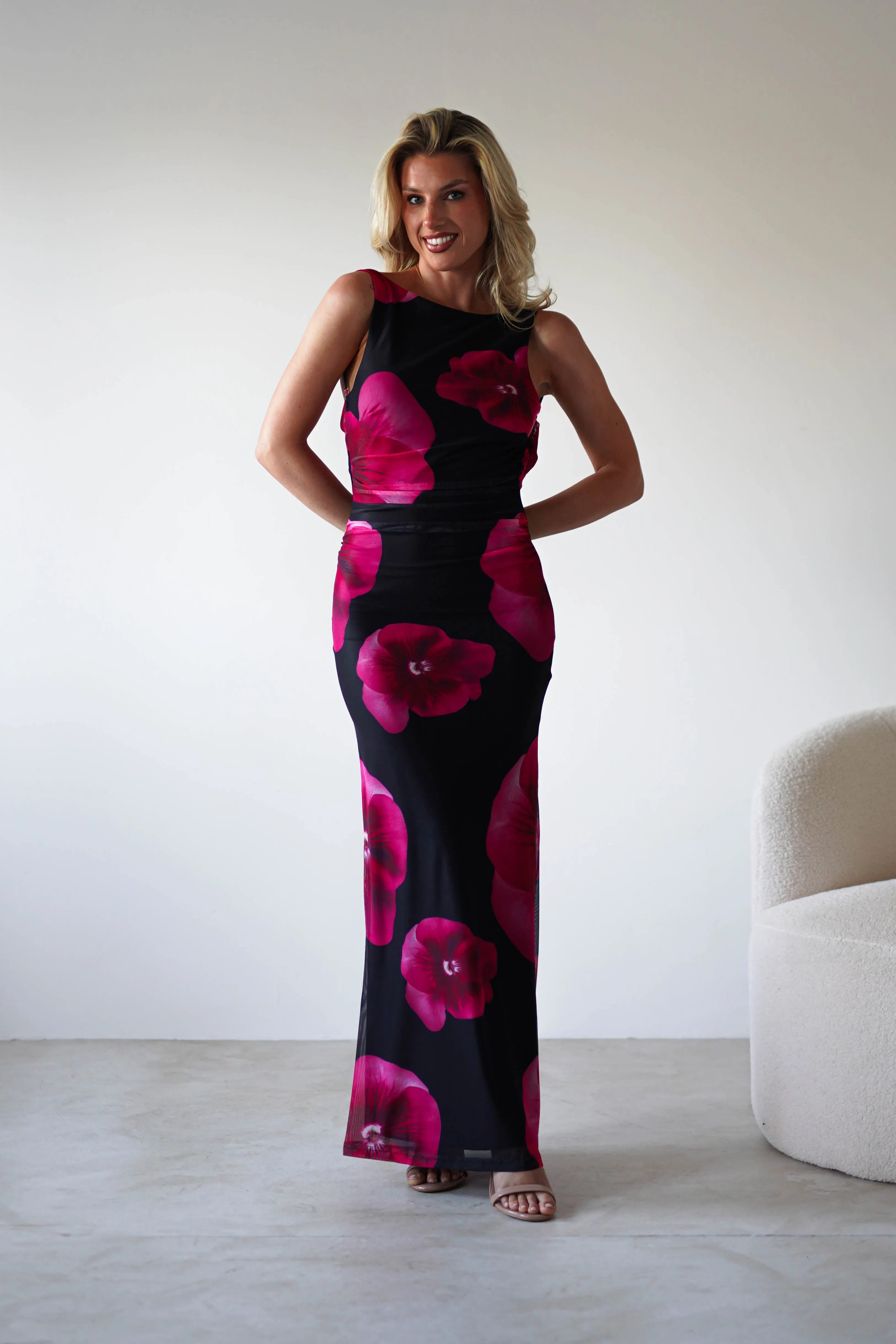 Nakita Mesh Floral Print Maxi Dress | Black