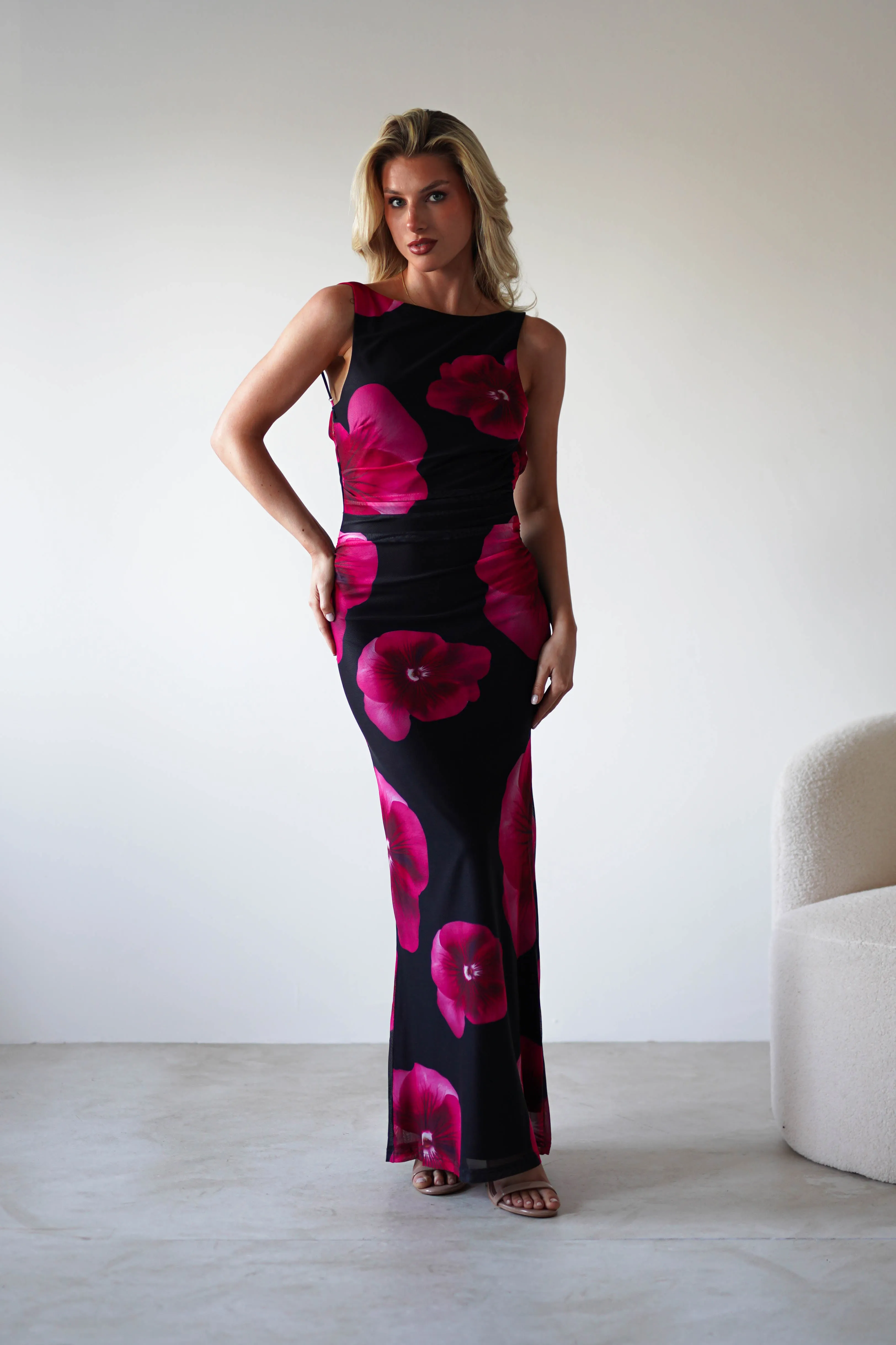 Nakita Mesh Floral Print Maxi Dress | Black