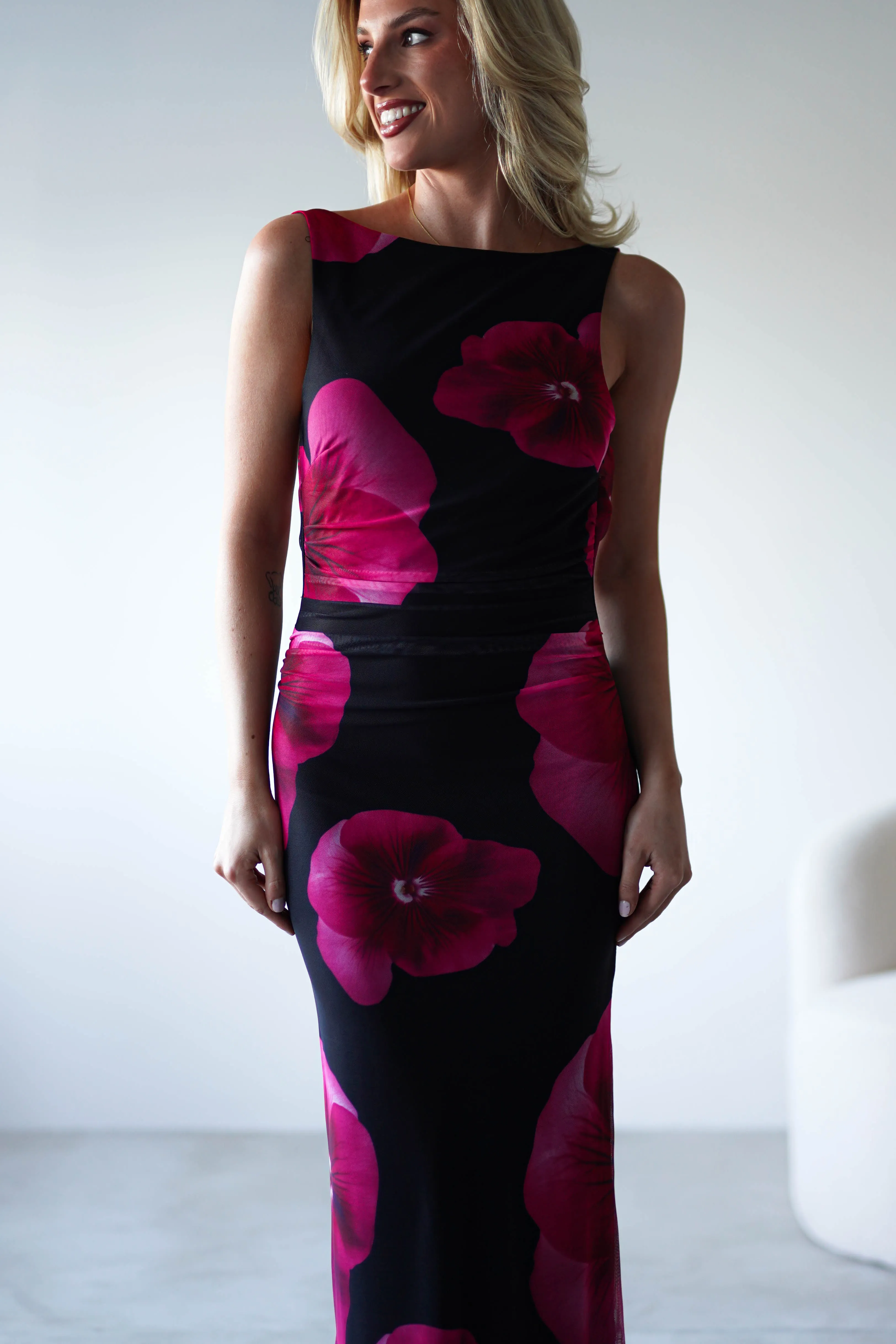 Nakita Mesh Floral Print Maxi Dress | Black