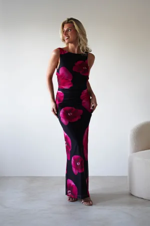 Nakita Mesh Floral Print Maxi Dress | Black