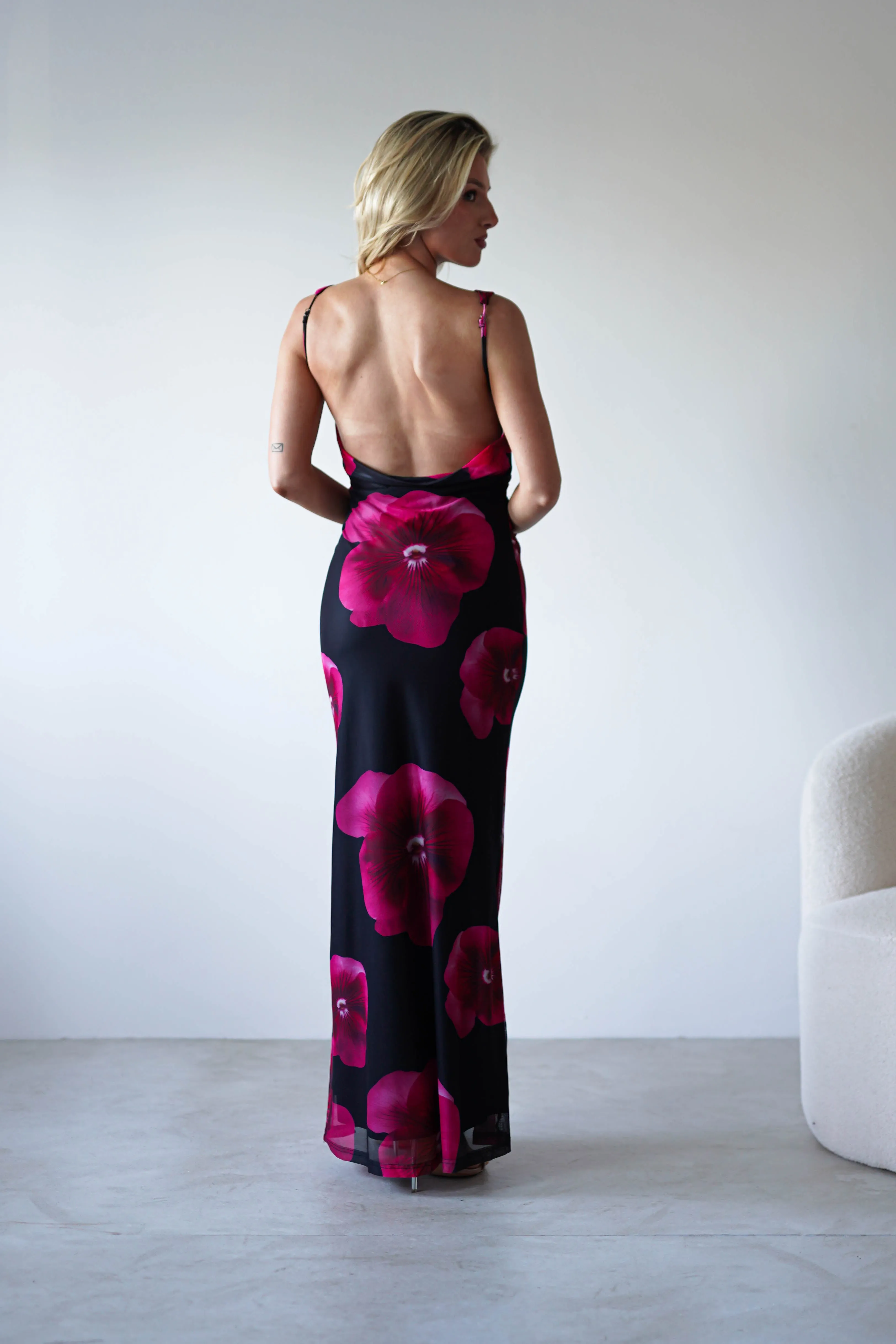 Nakita Mesh Floral Print Maxi Dress | Black