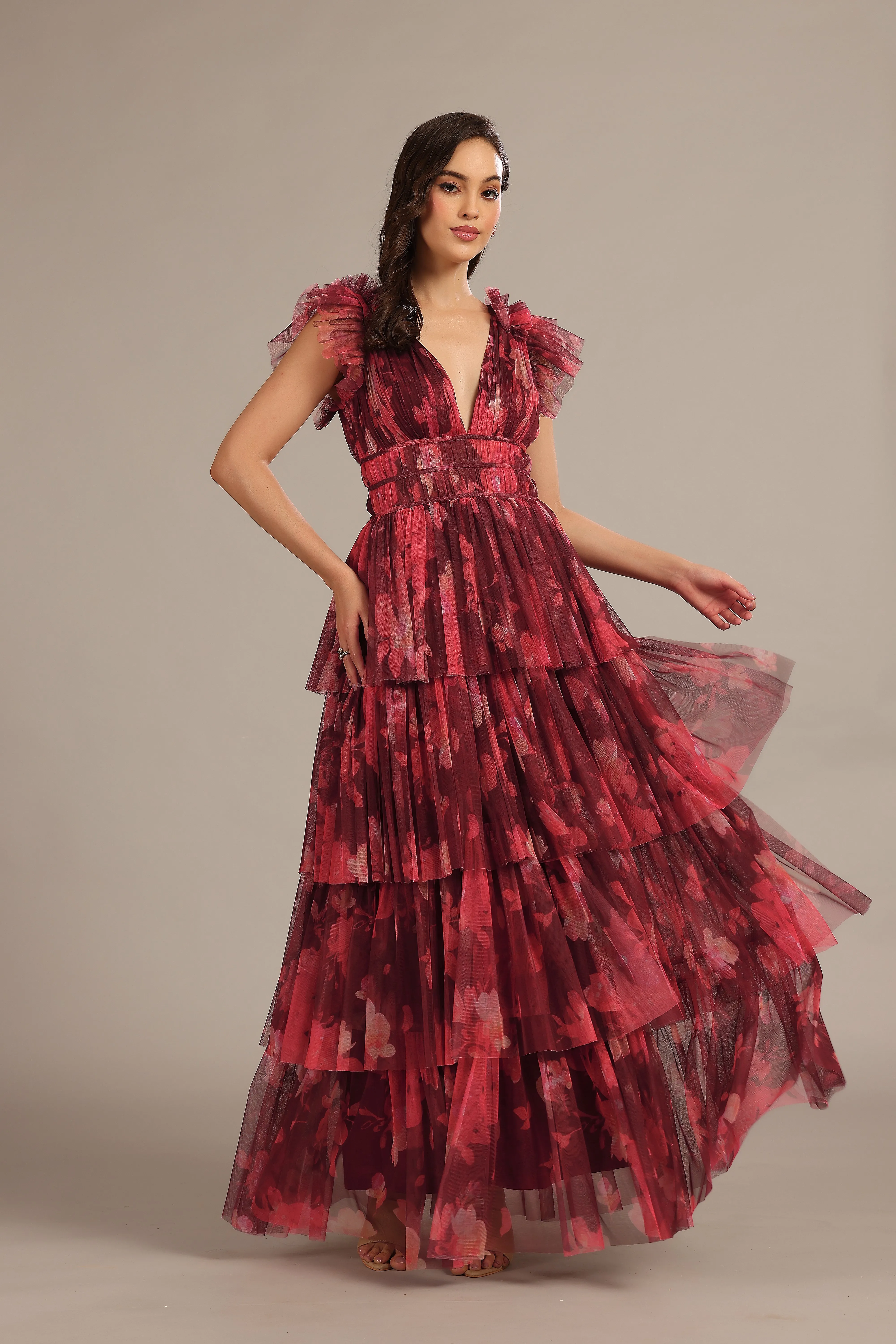 Naomi Maxi Dress in Deep Red Floral
