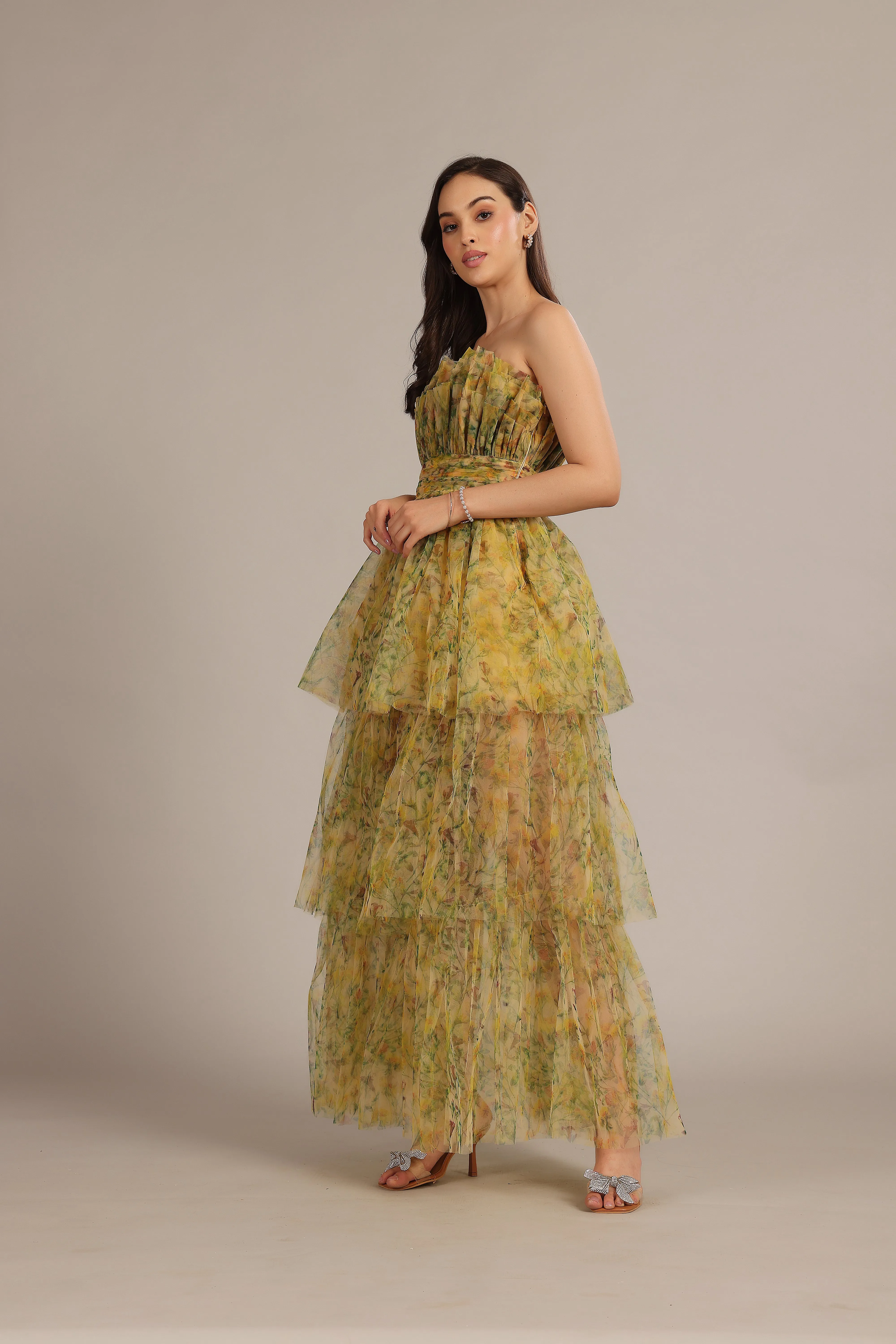 Natalia Tulle Maxi Dress in Yellow Floral