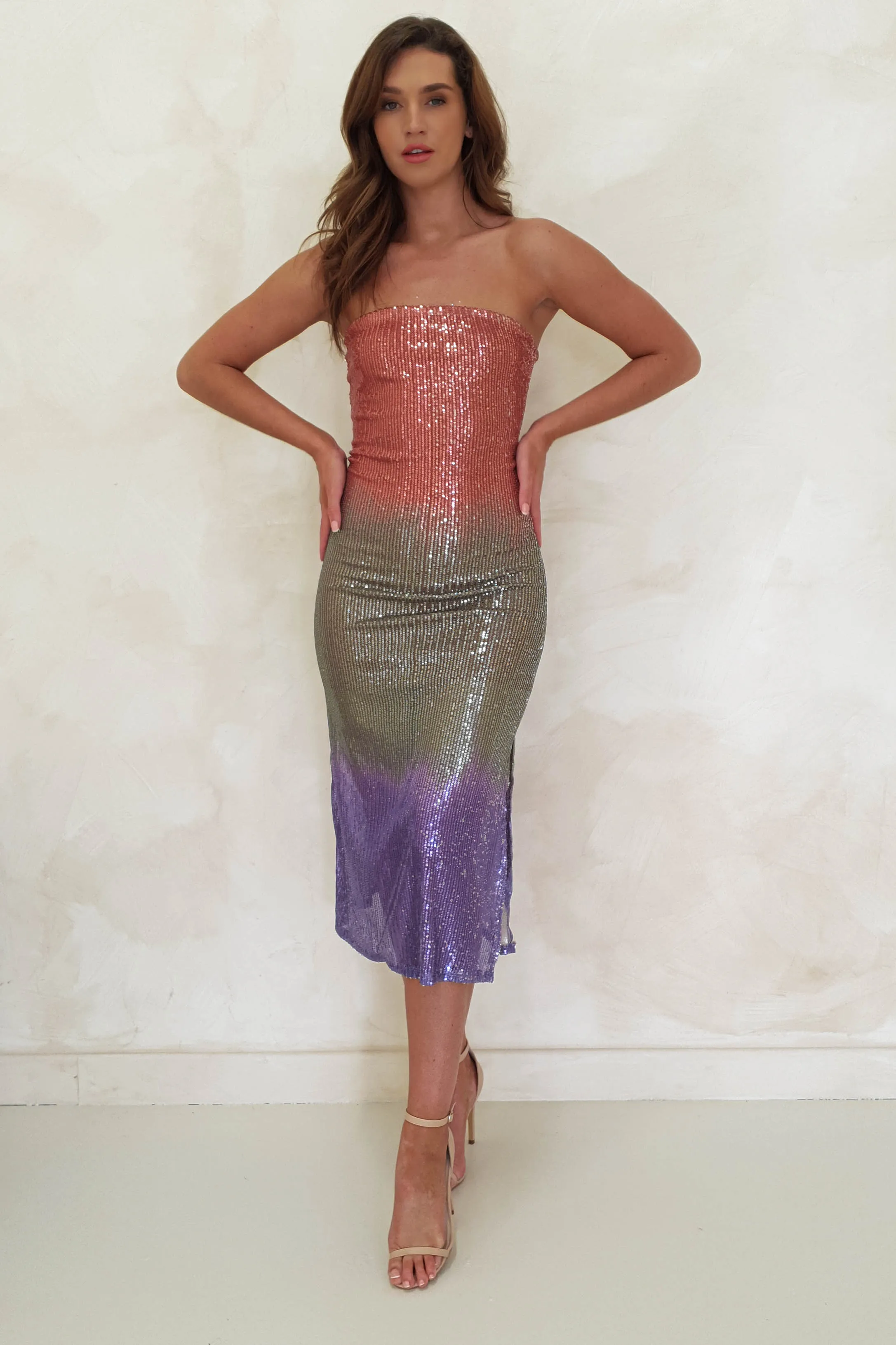 Neva Sequin Stapless Midi Dress | Rose Ombre