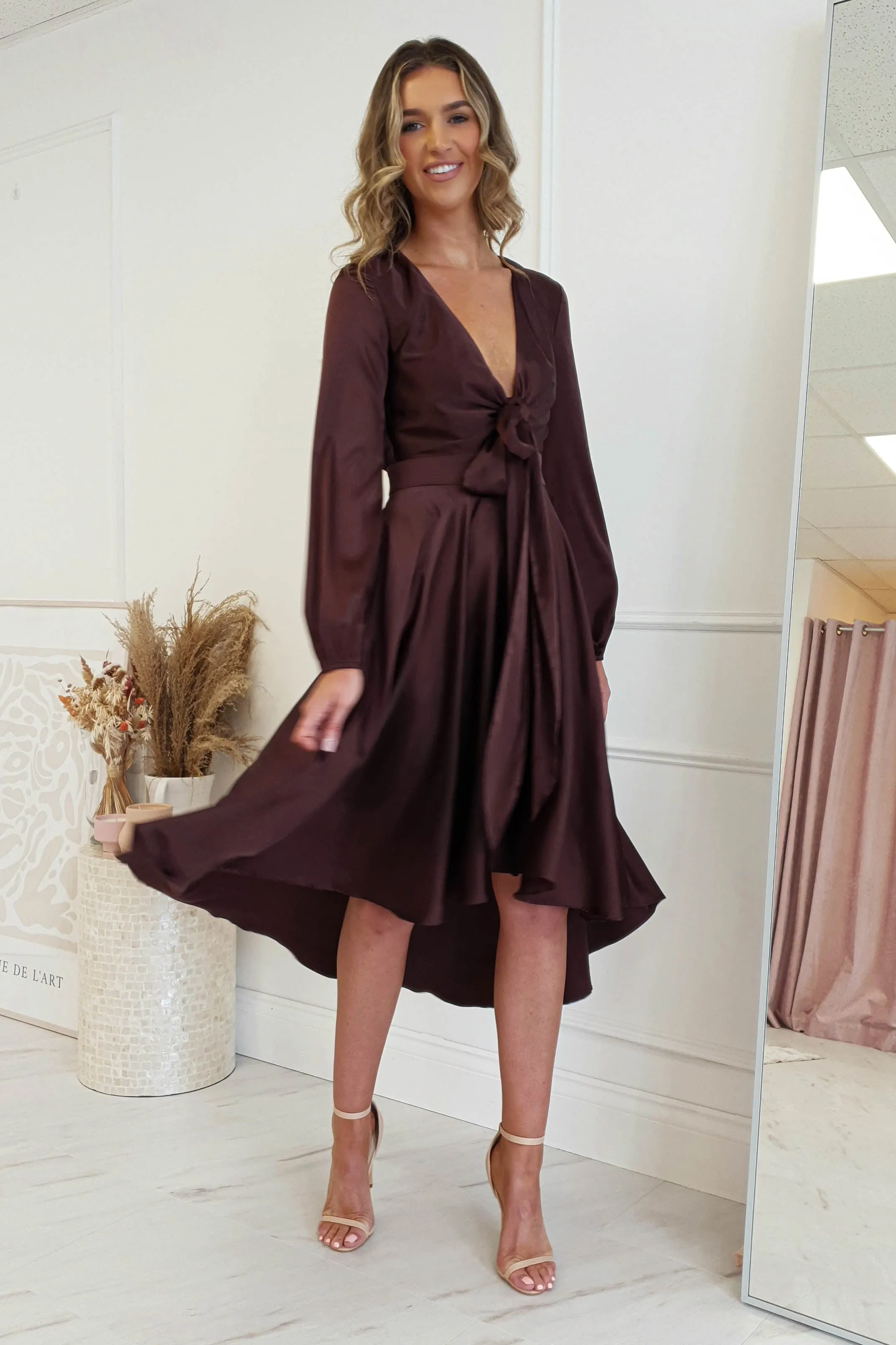 Nicola Satin Tie Front Midi Dress | Chocolate