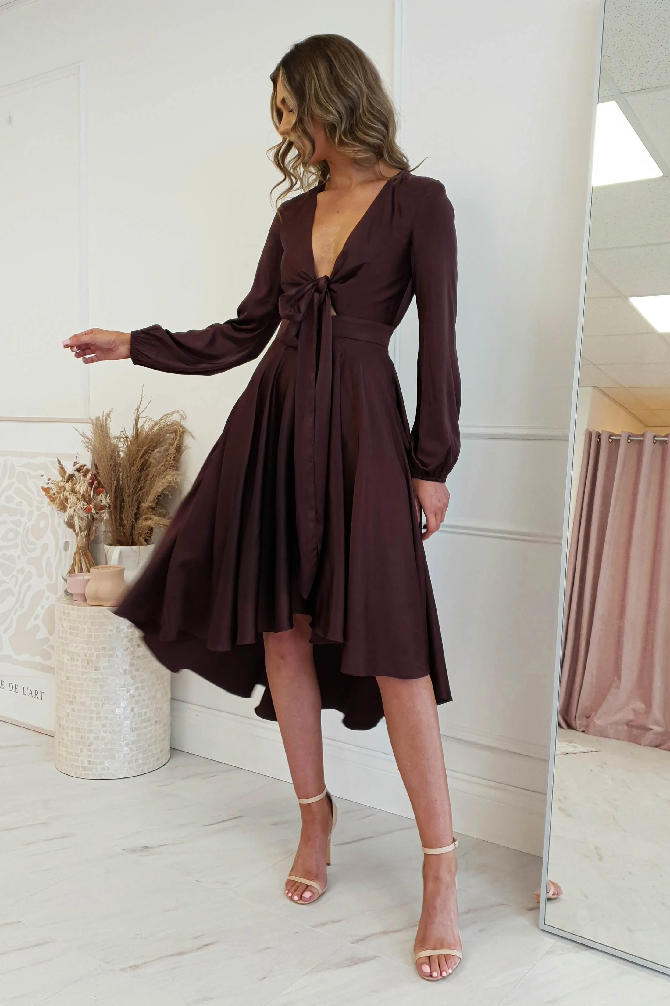 Nicola Satin Tie Front Midi Dress | Chocolate