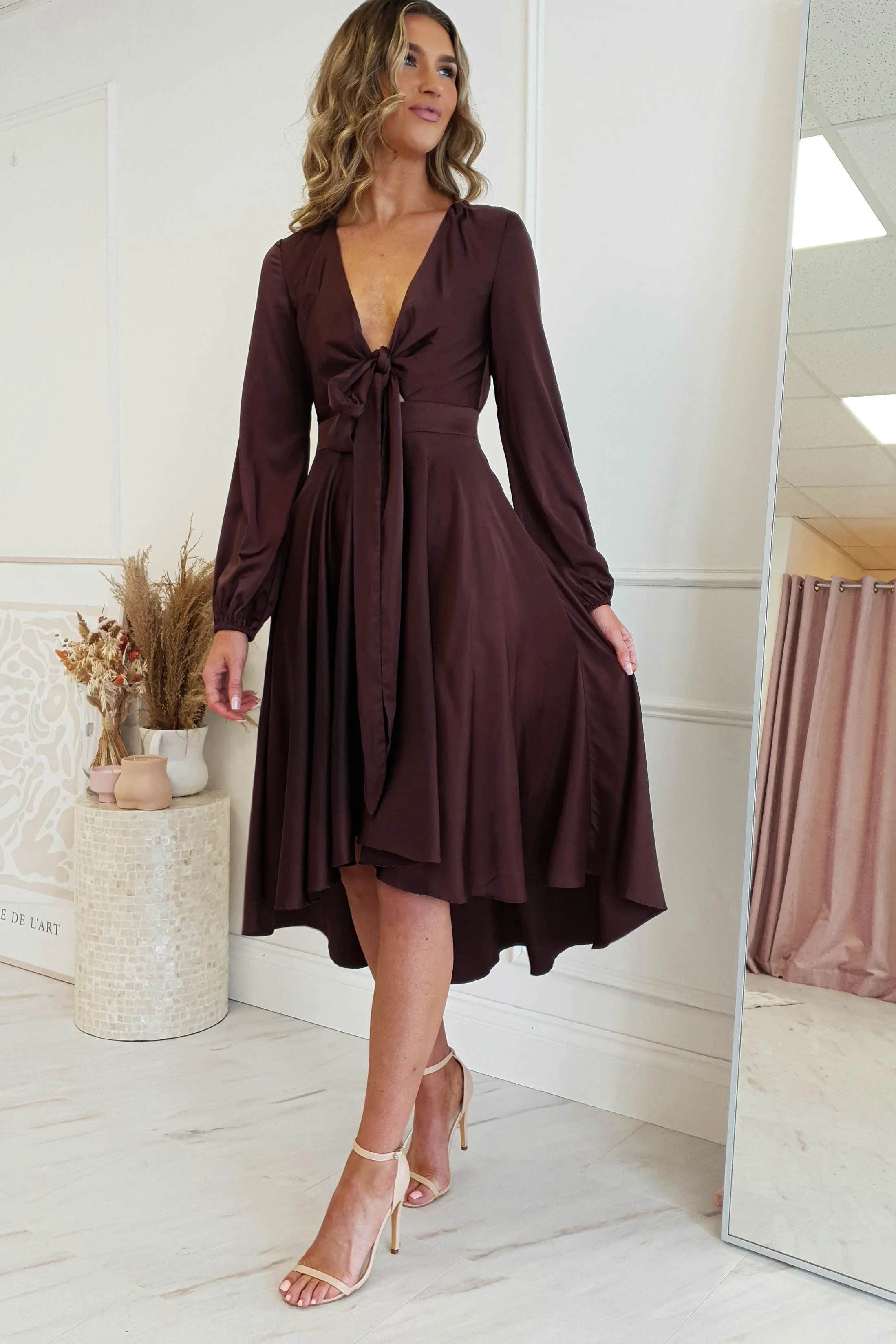 Nicola Satin Tie Front Midi Dress | Chocolate