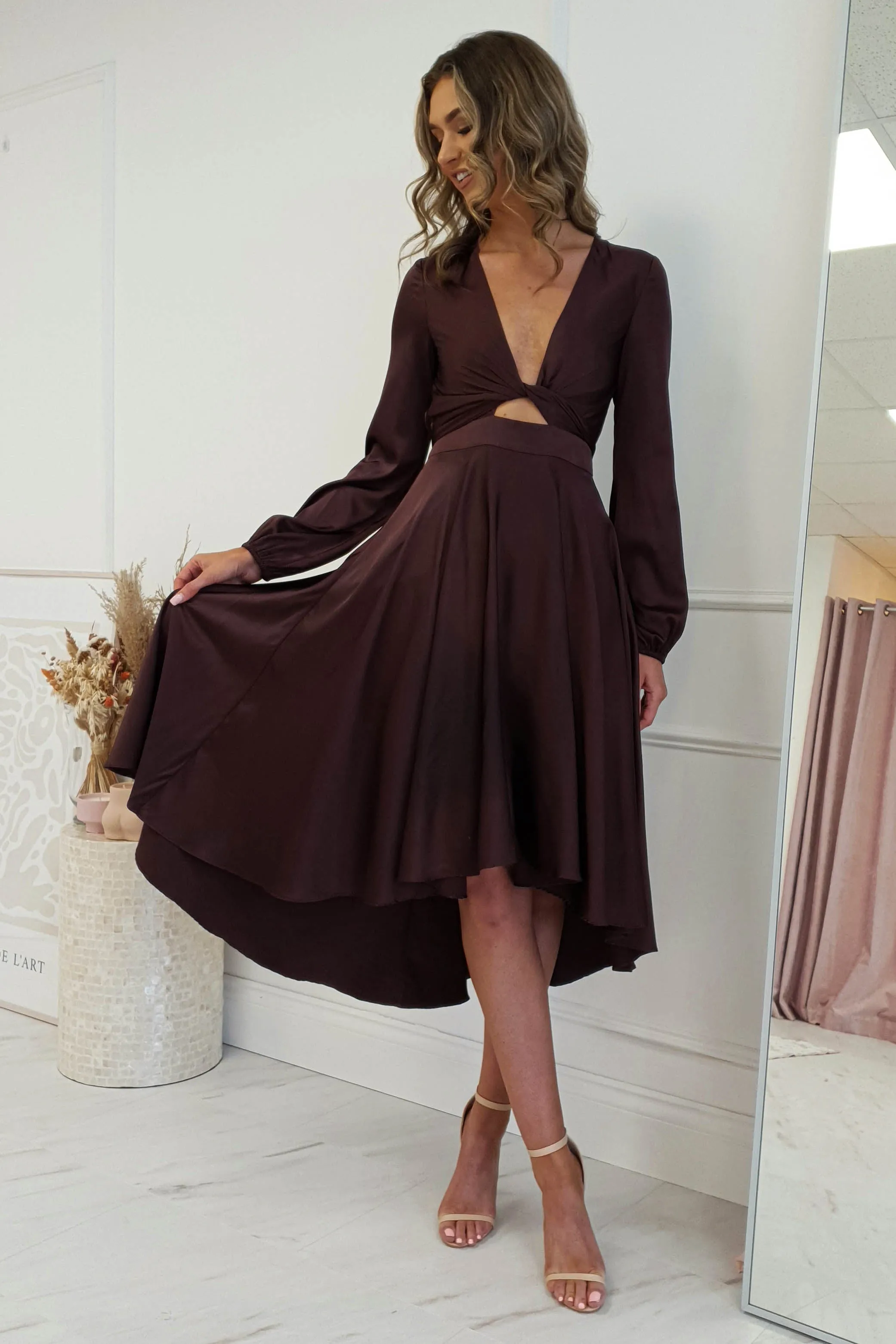 Nicola Satin Tie Front Midi Dress | Chocolate