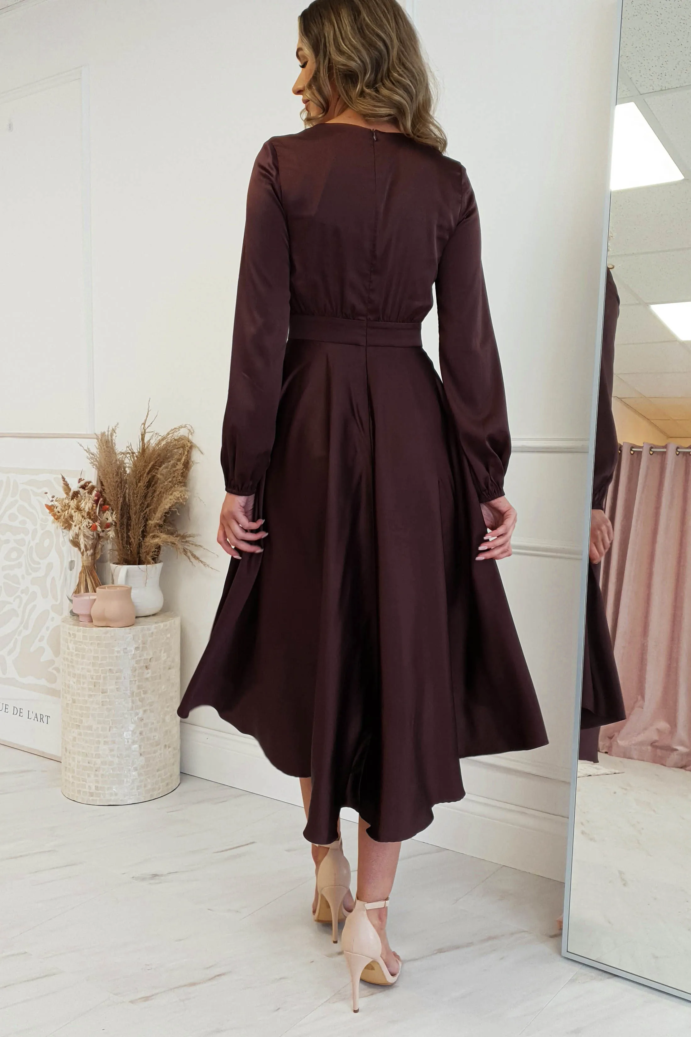 Nicola Satin Tie Front Midi Dress | Chocolate