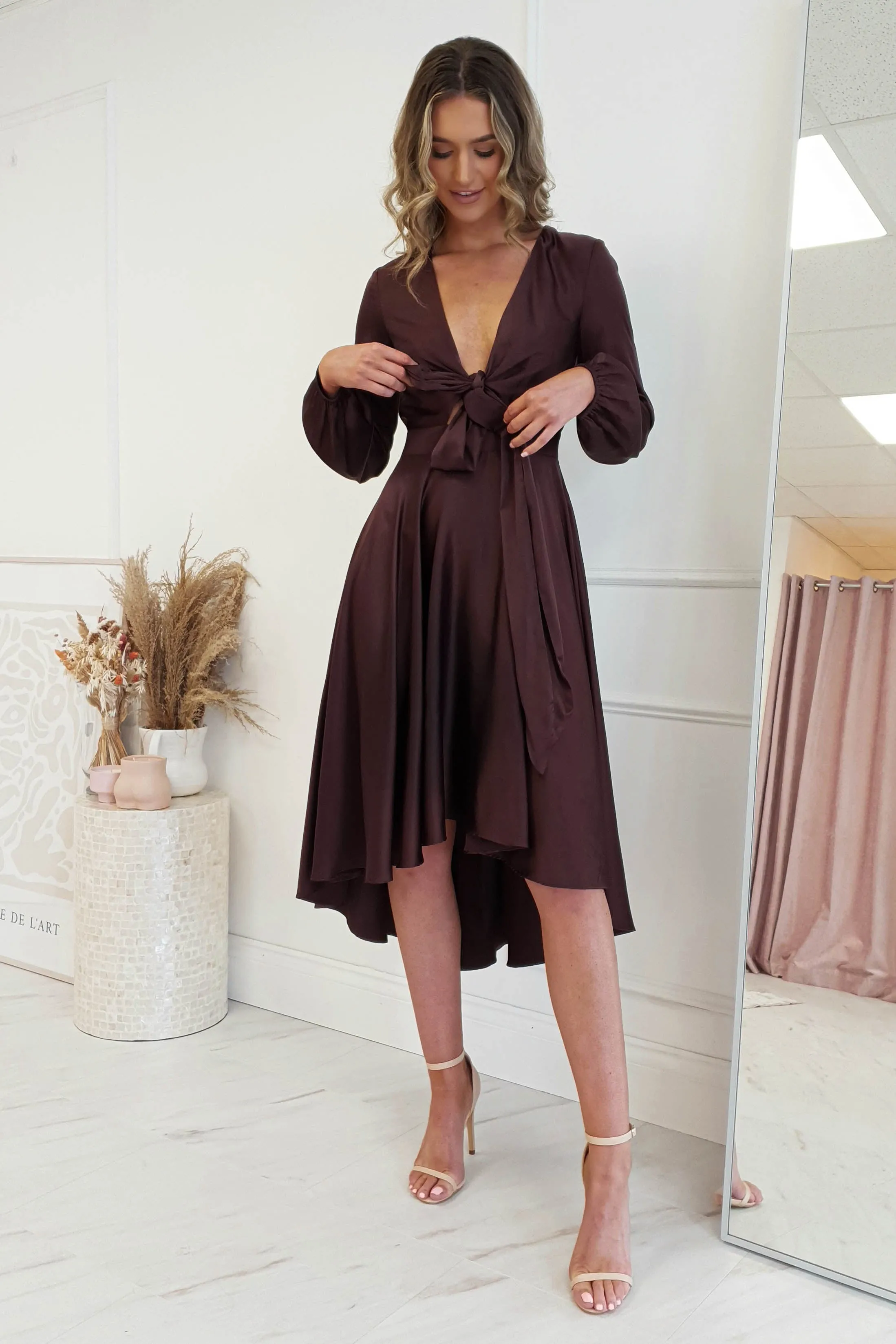 Nicola Satin Tie Front Midi Dress | Chocolate