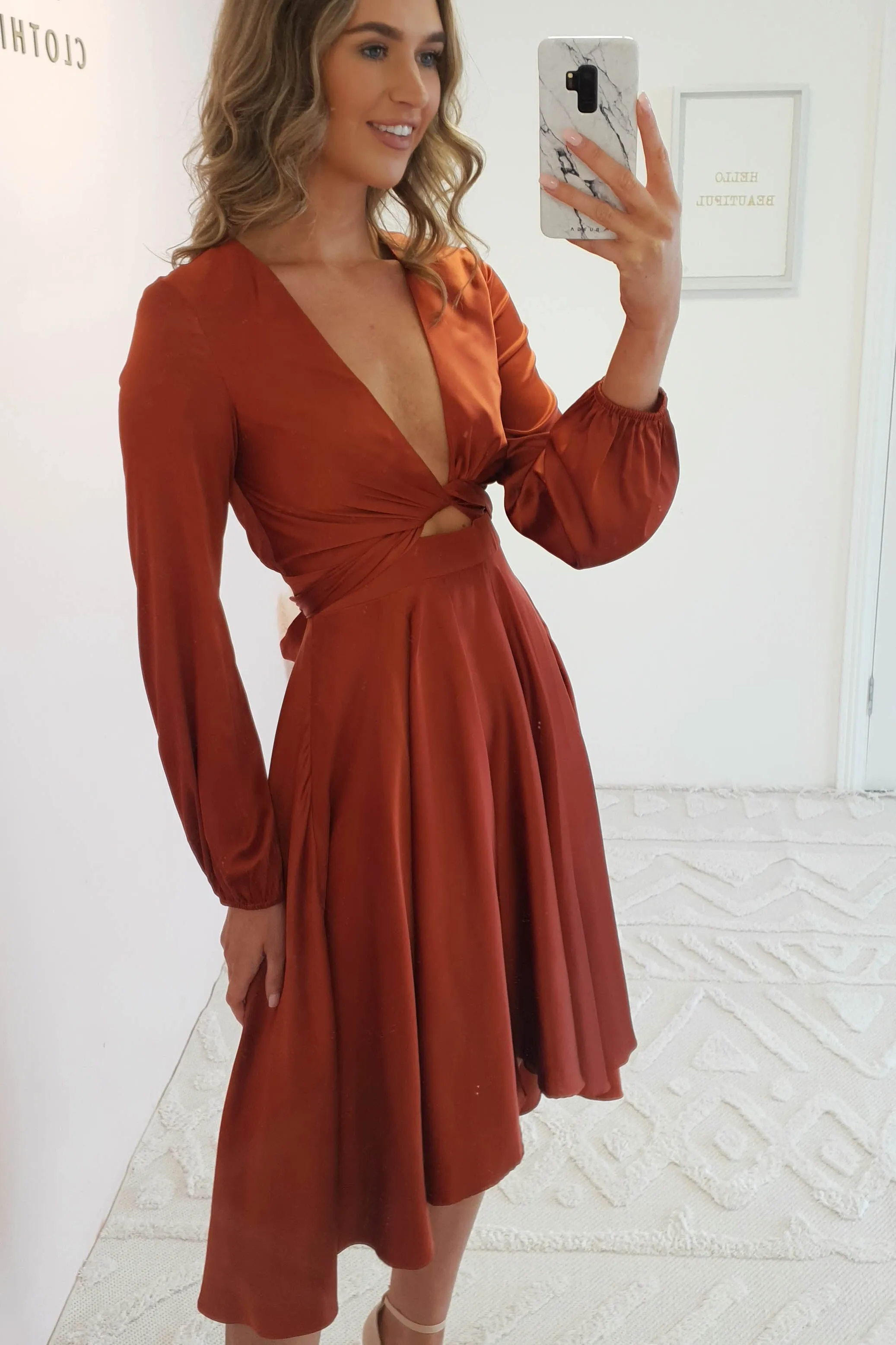 Nicola Satin Tie Front Midi Dress | Rust