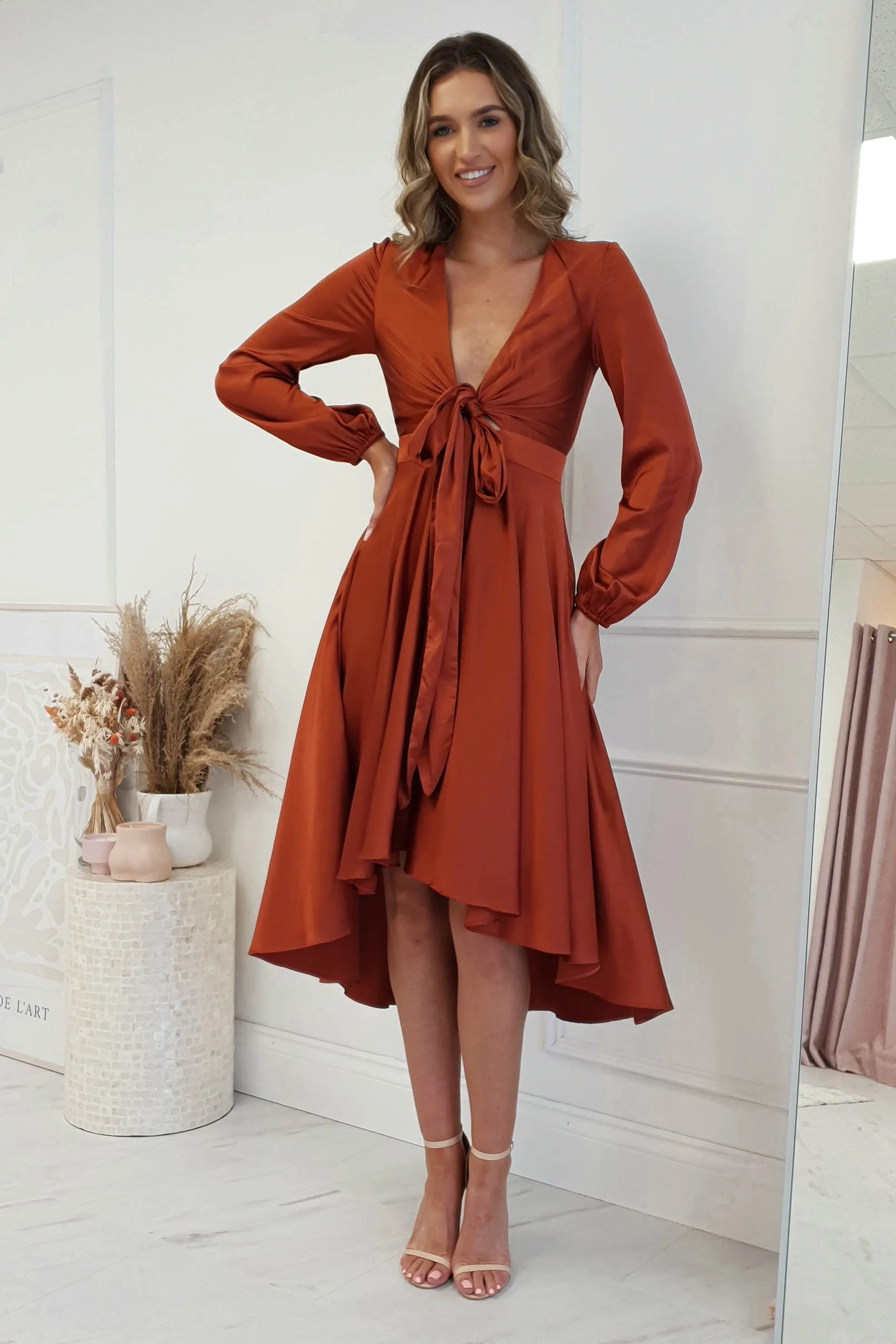Nicola Satin Tie Front Midi Dress | Rust