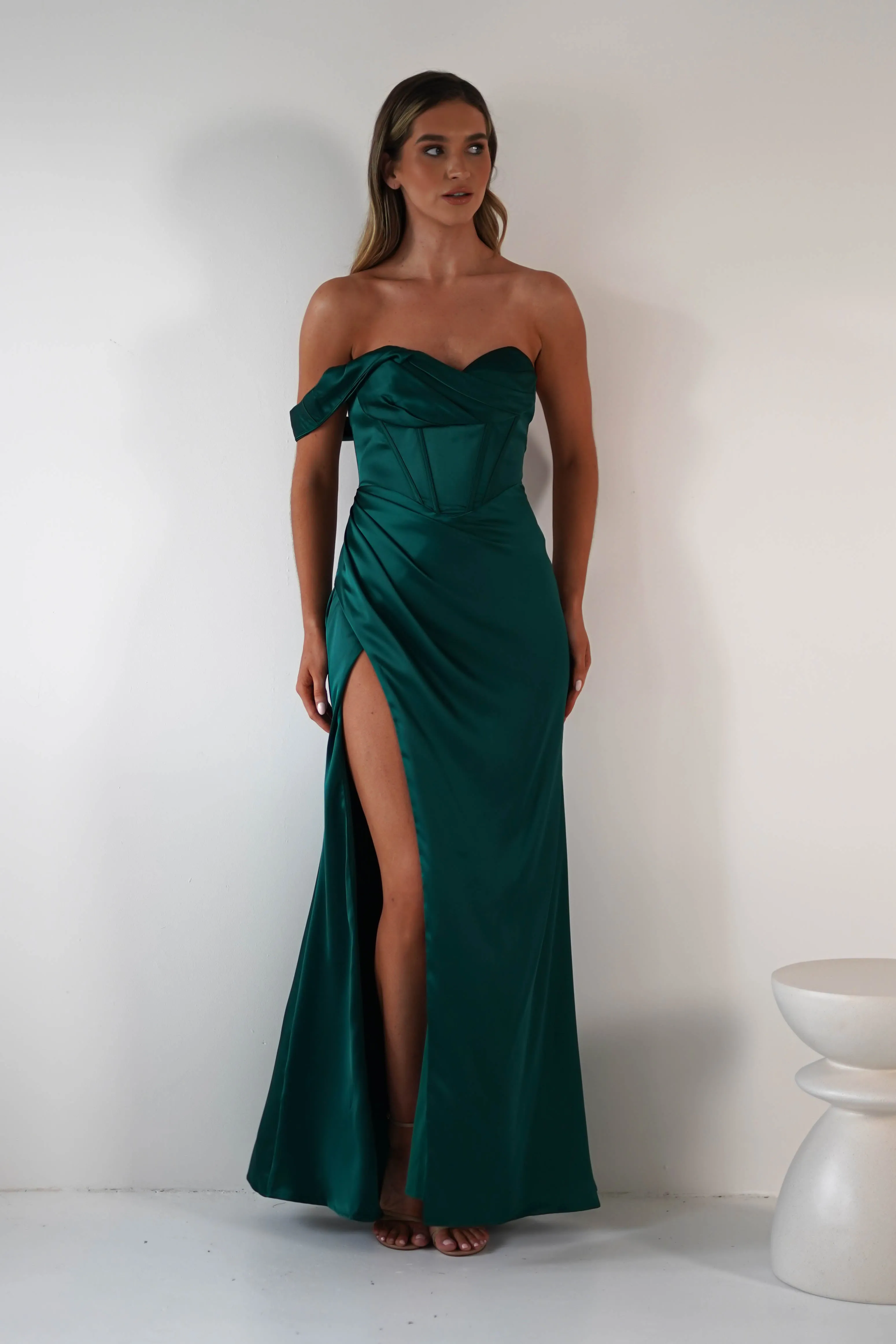 Nicolette Soft Satin Maxi Gown | Emerald Green