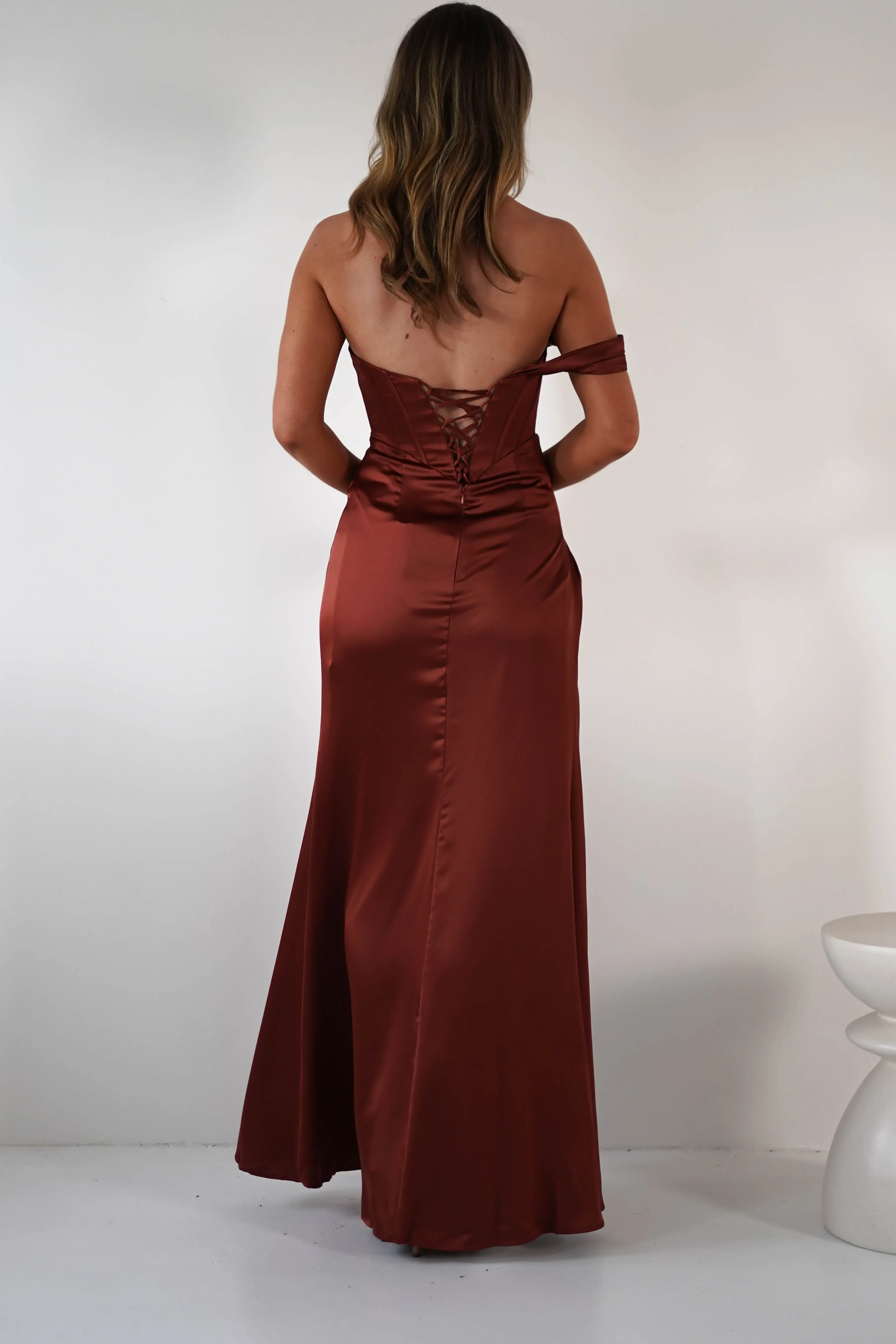 Nicolette Soft Satin Maxi Gown | Rust
