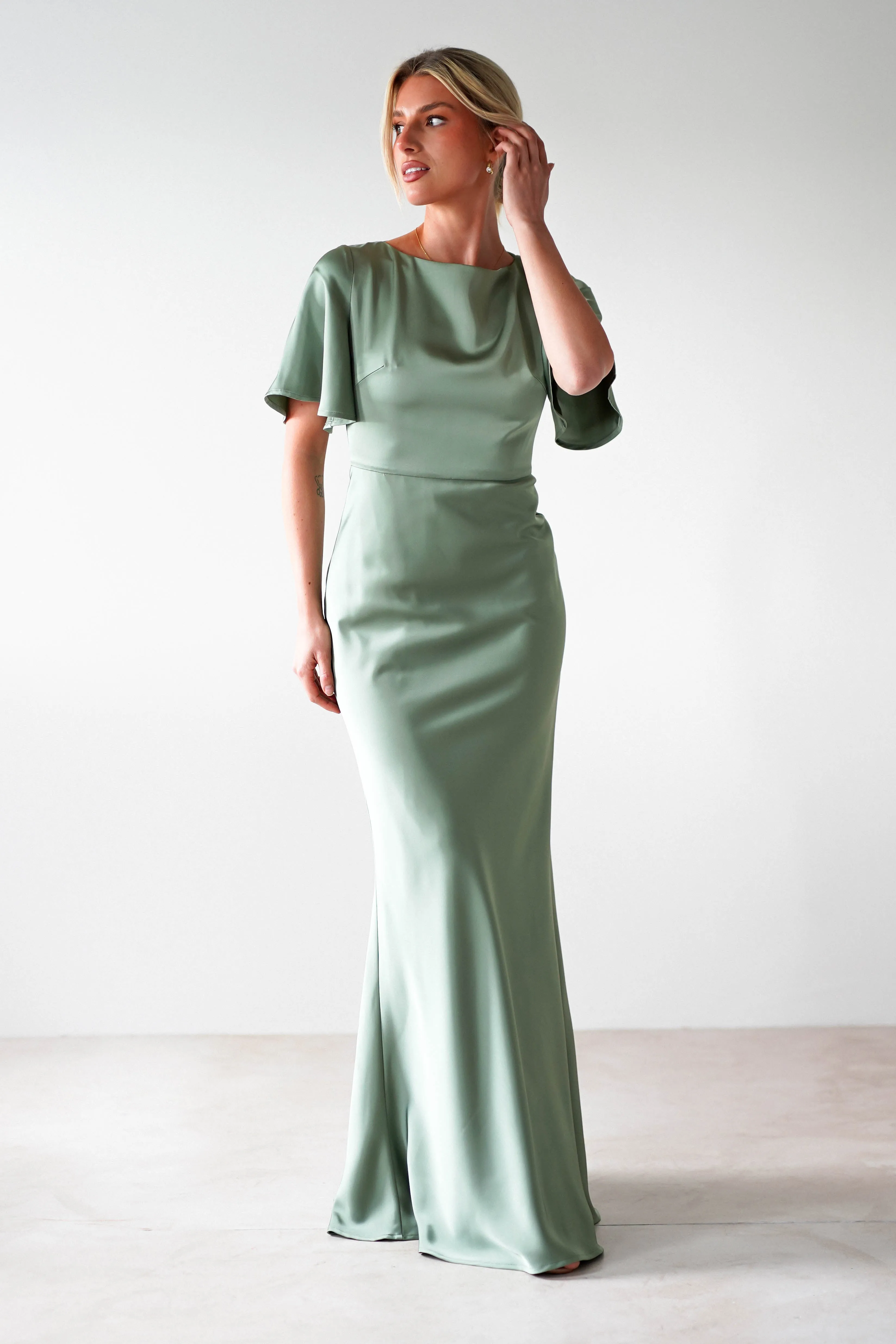 Olivia Soft Matte Satin Maxi Dress | Olive