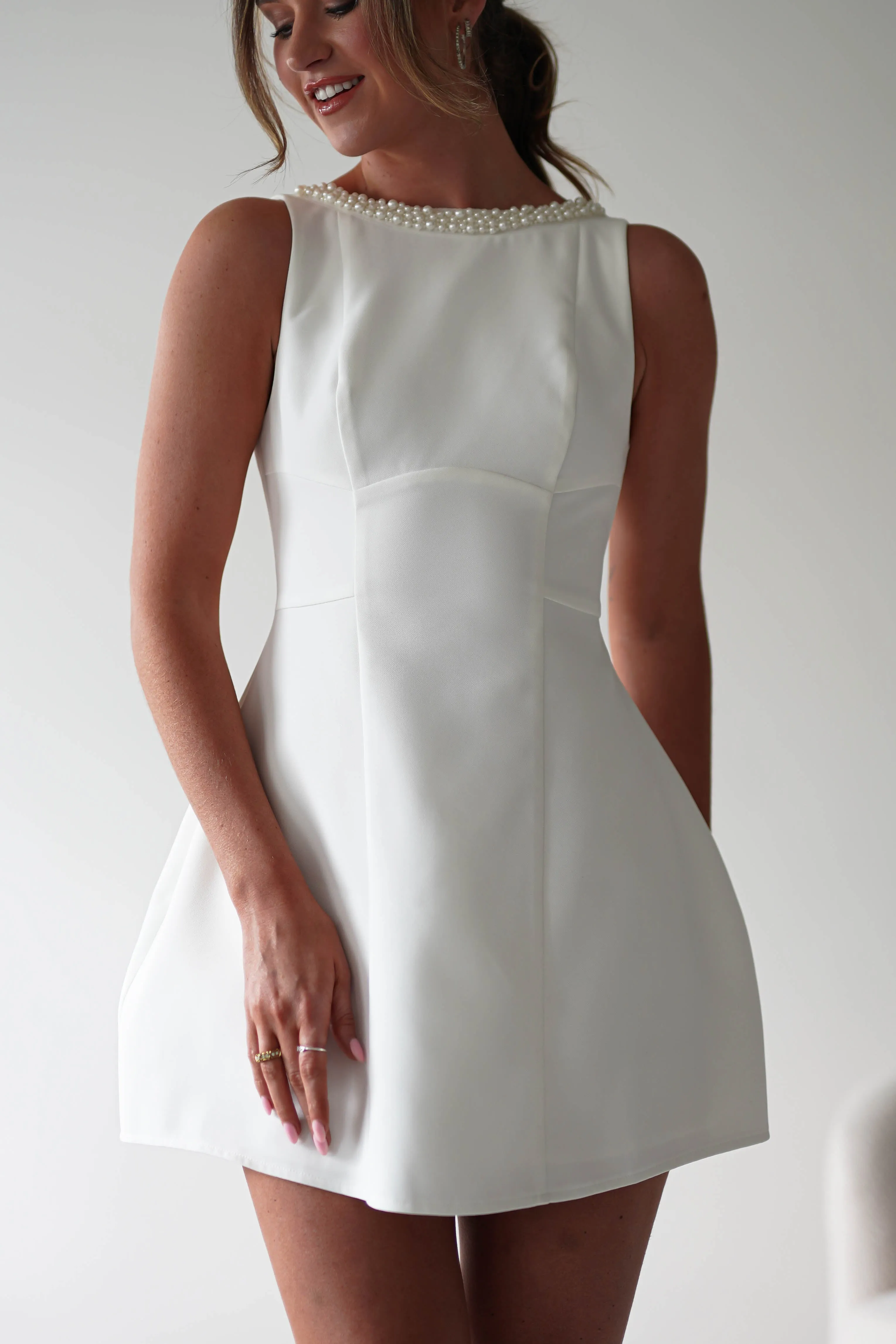 Polly Structured Pearl Detail Mini Dress | White