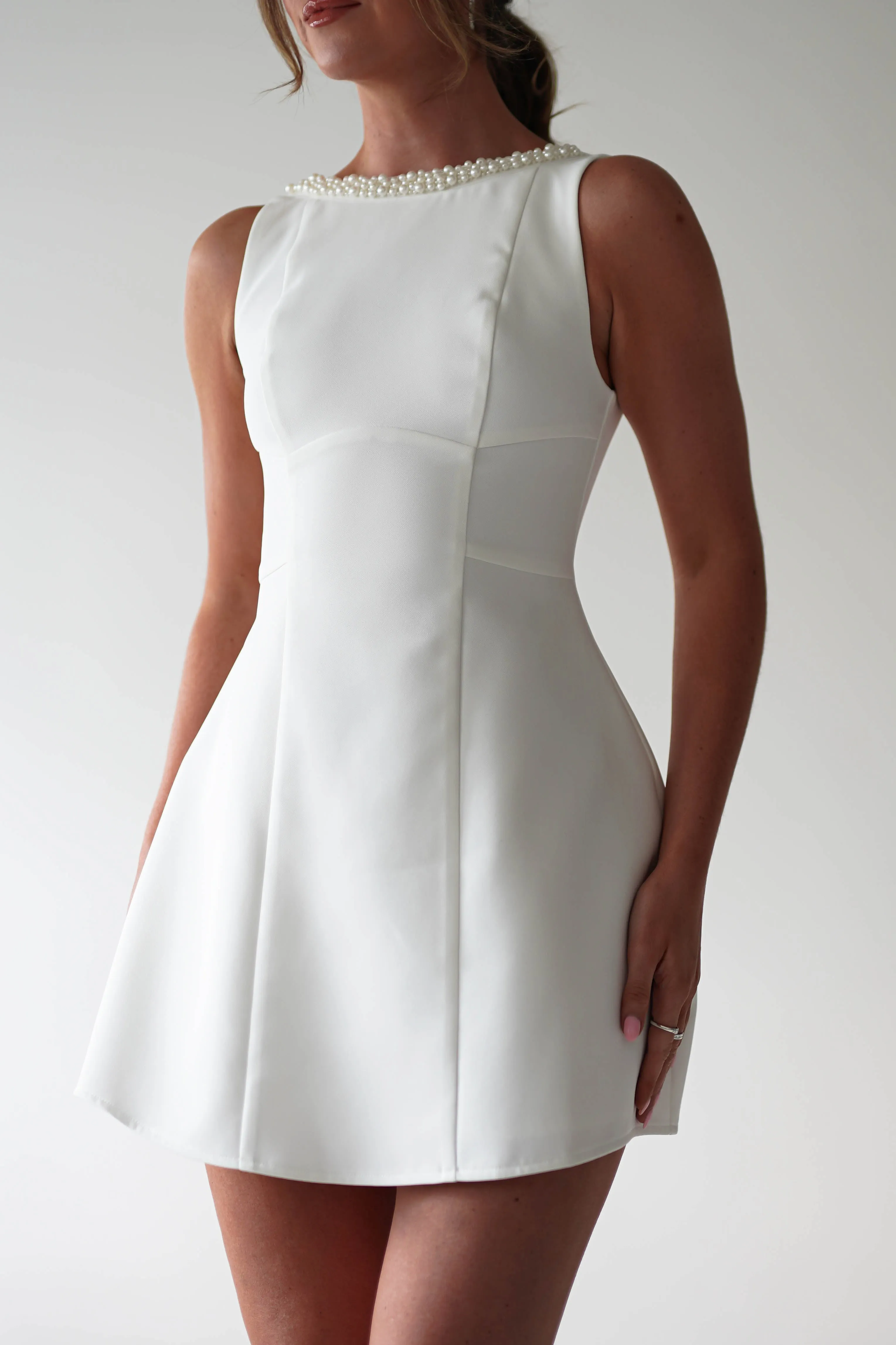 Polly Structured Pearl Detail Mini Dress | White