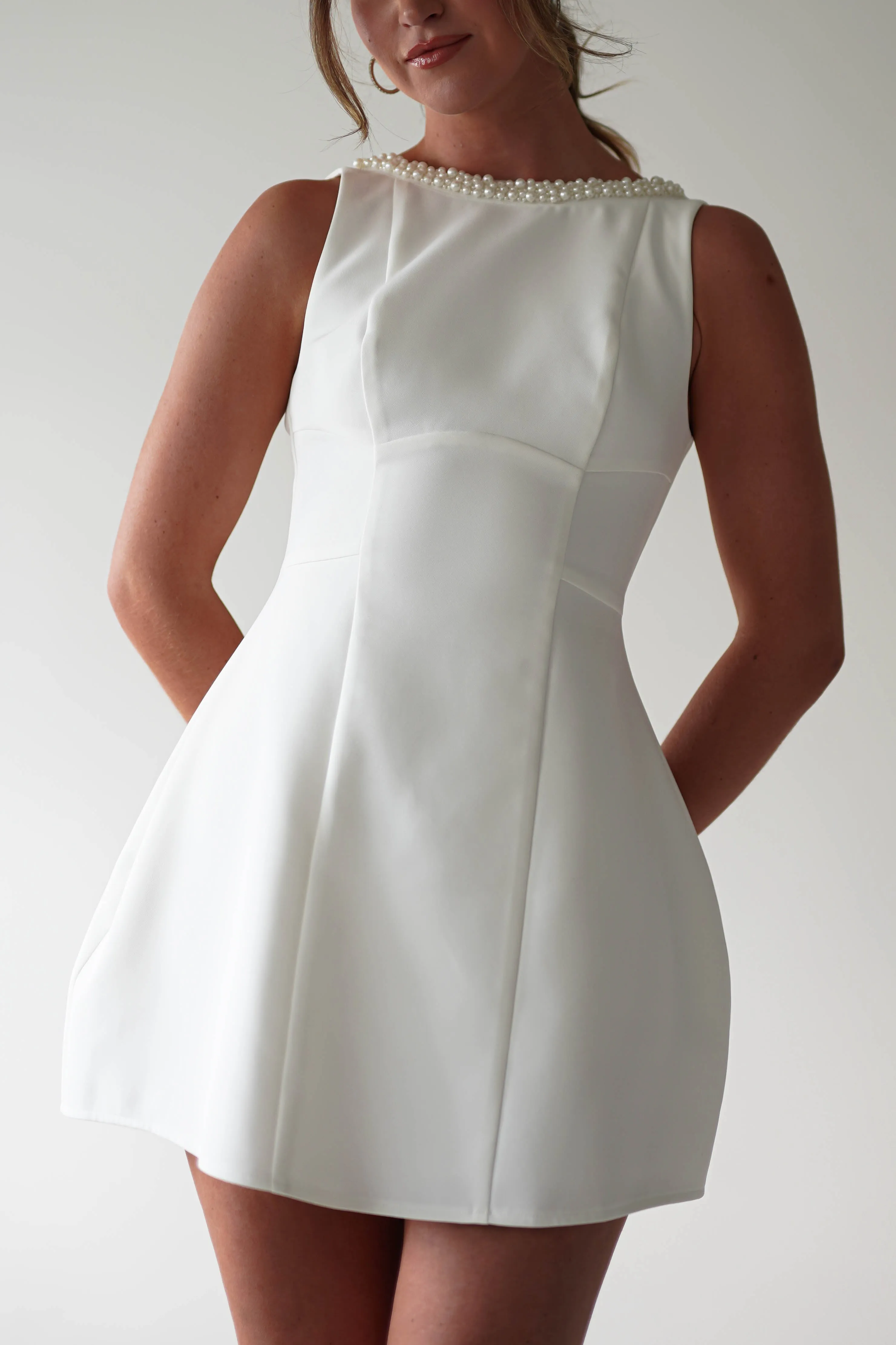 Polly Structured Pearl Detail Mini Dress | White