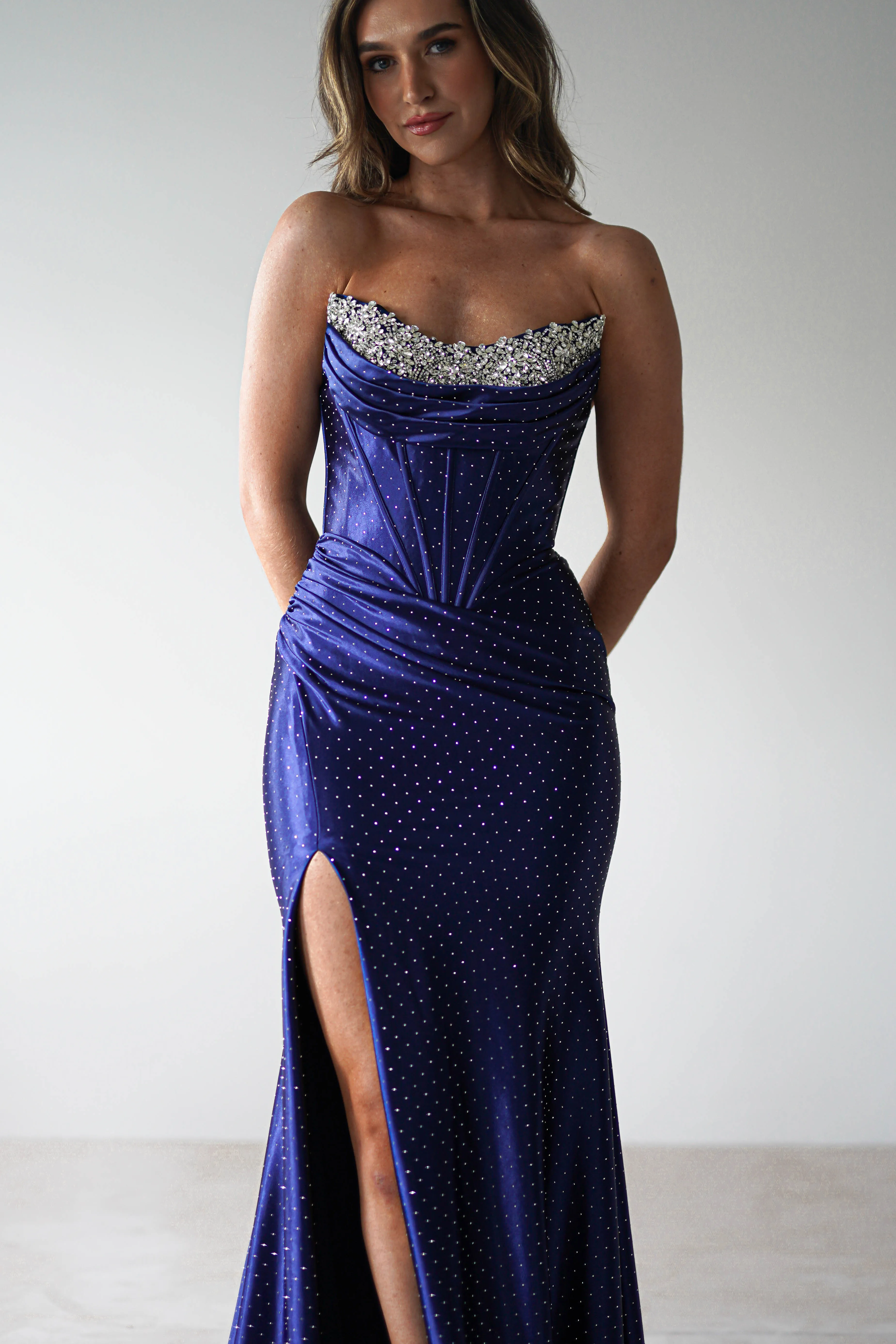 Pranvera Embellished Micro Crystal Gown | Dusty Navy