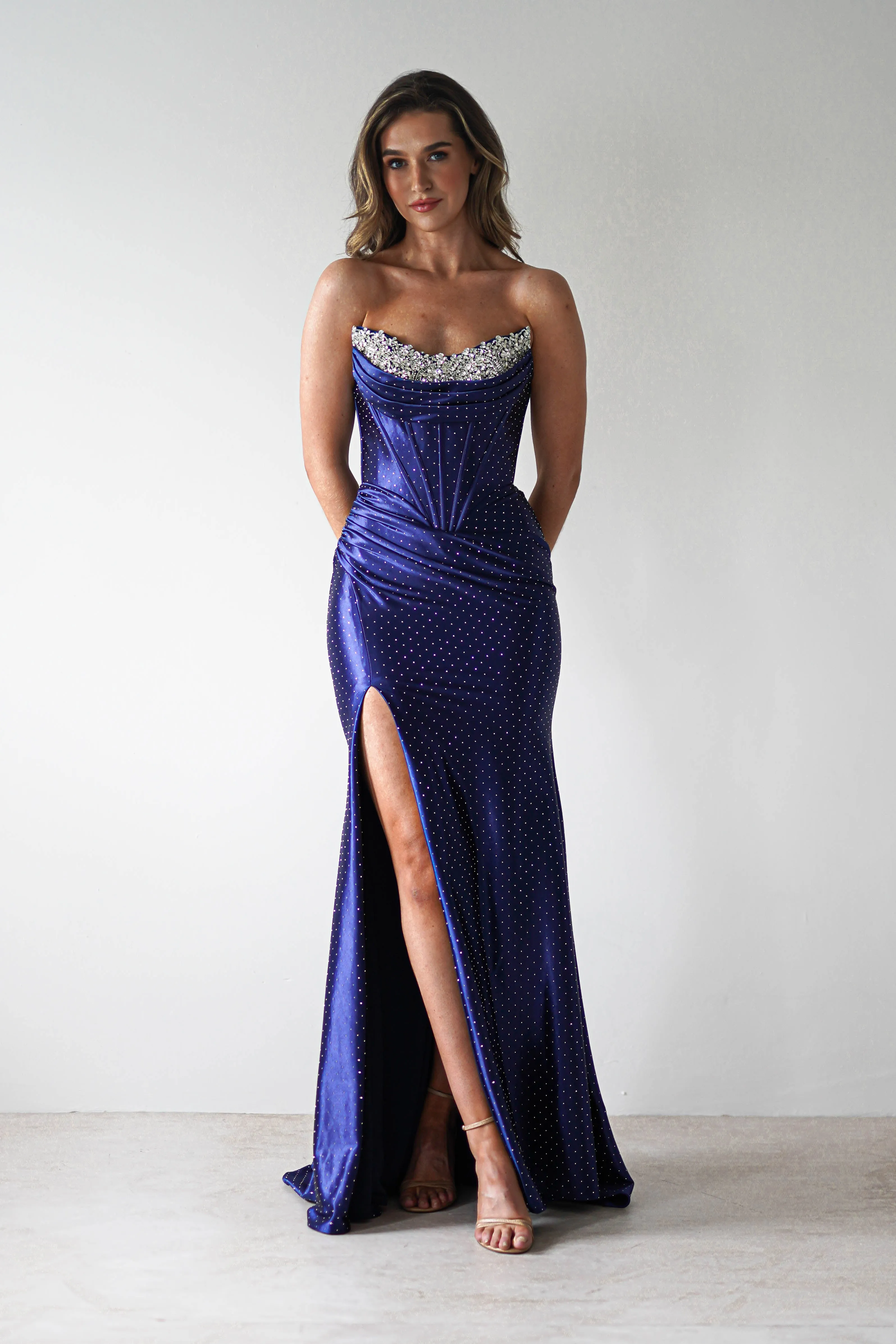 Pranvera Embellished Micro Crystal Gown | Dusty Navy