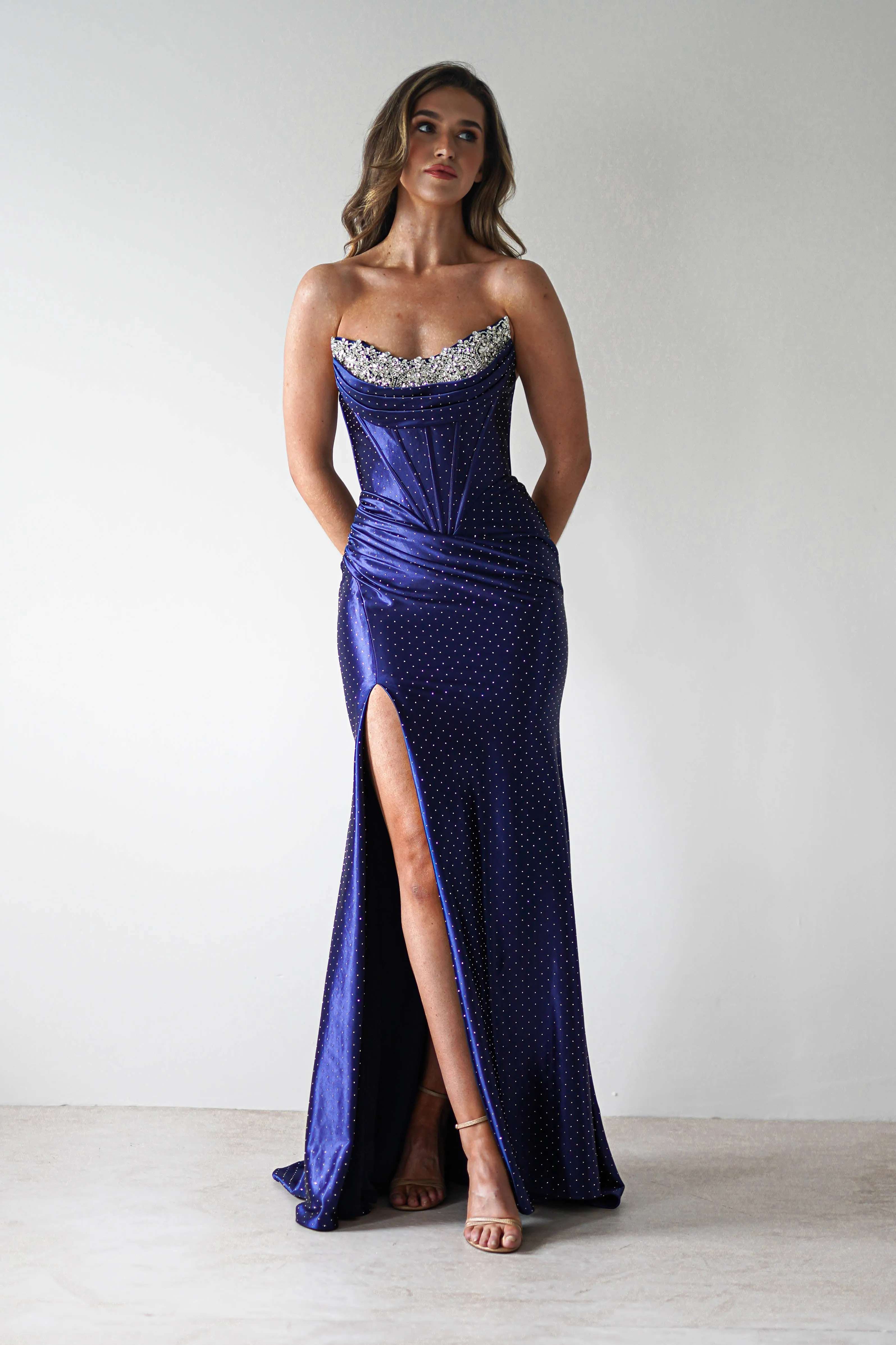Pranvera Embellished Micro Crystal Gown | Dusty Navy