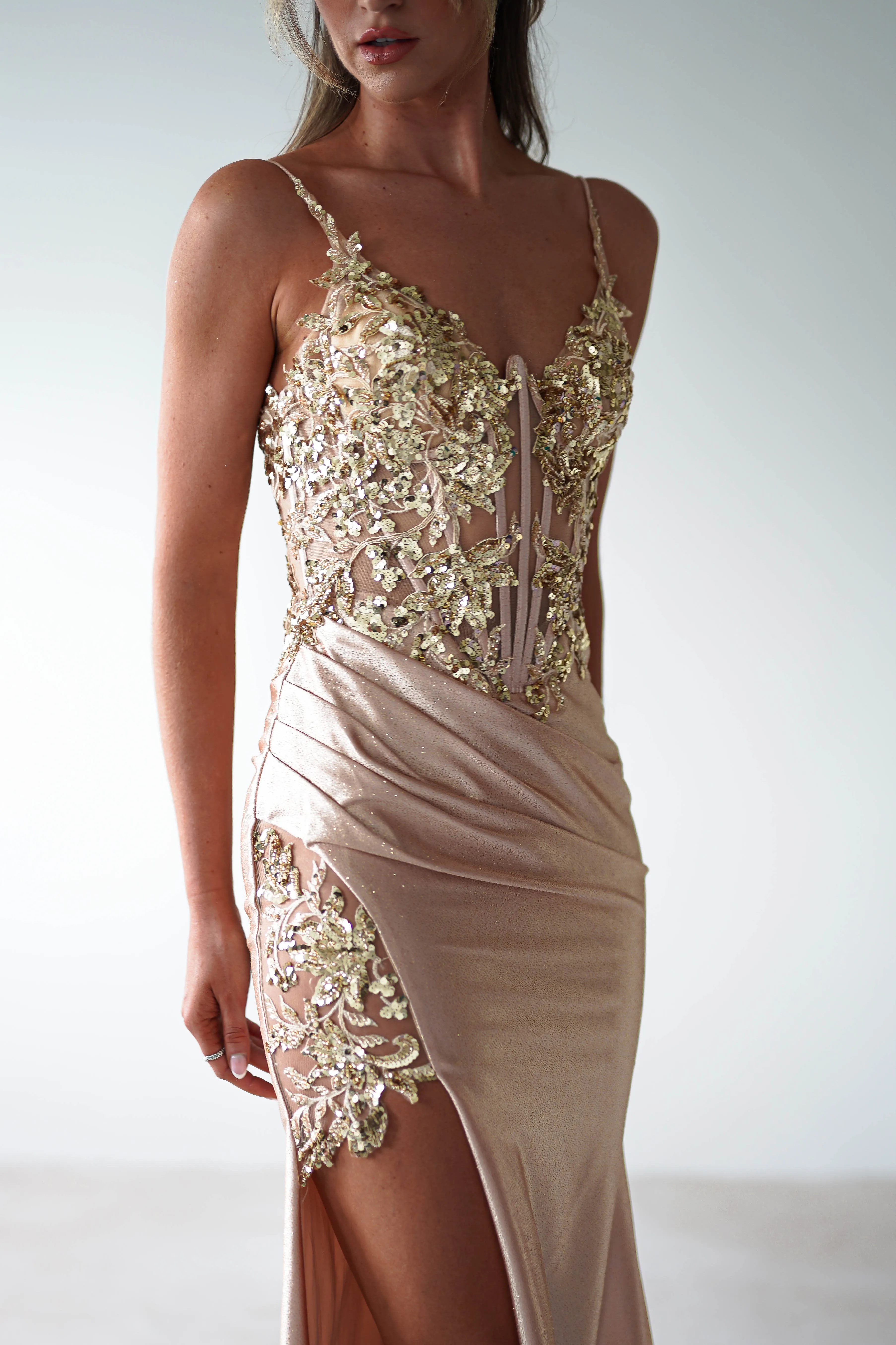 Regina Embellished Bodice Gown | Champagne/Gold