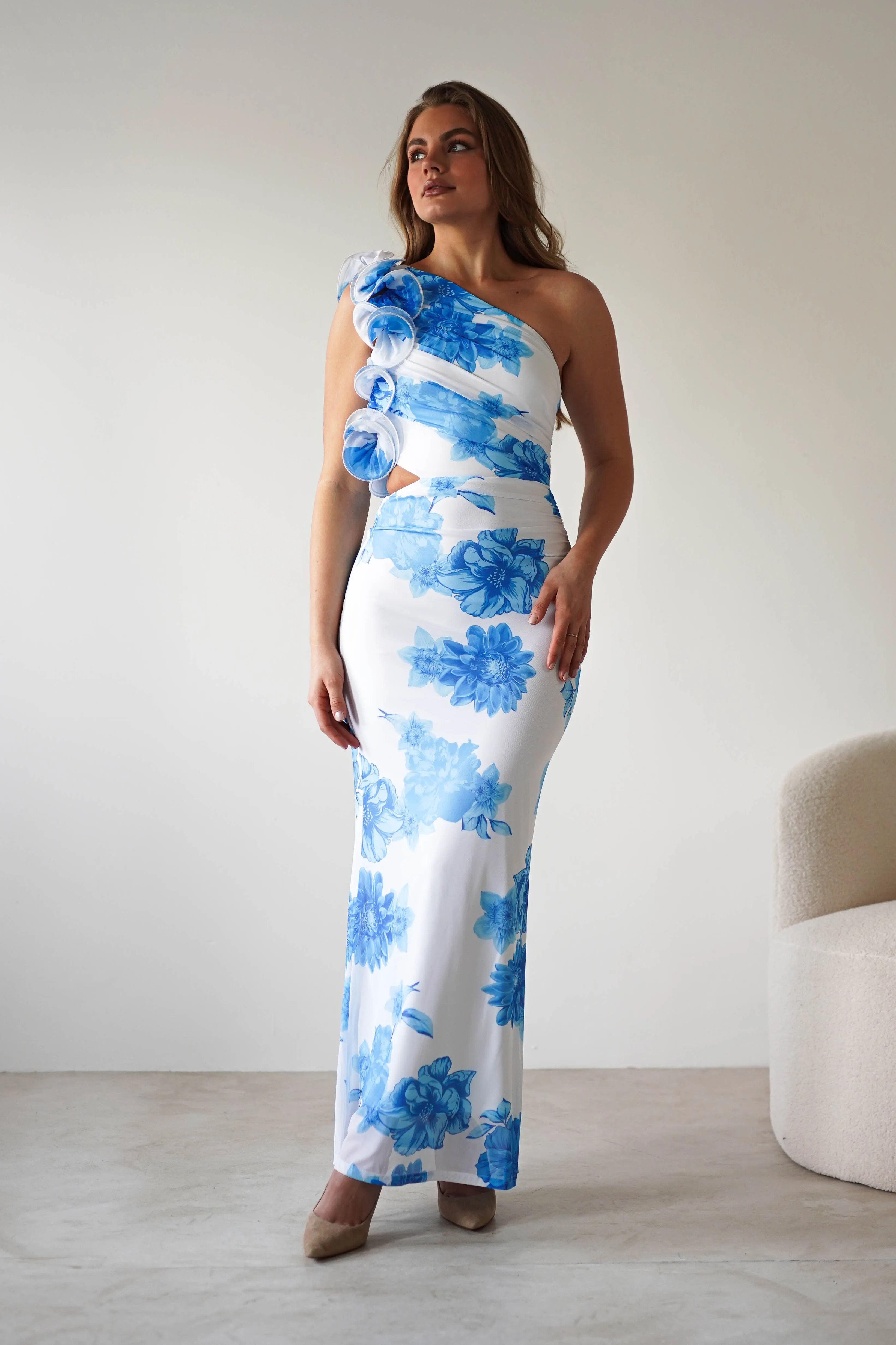 Rhia Ruffle Floral Maxi Dress | Blue/White
