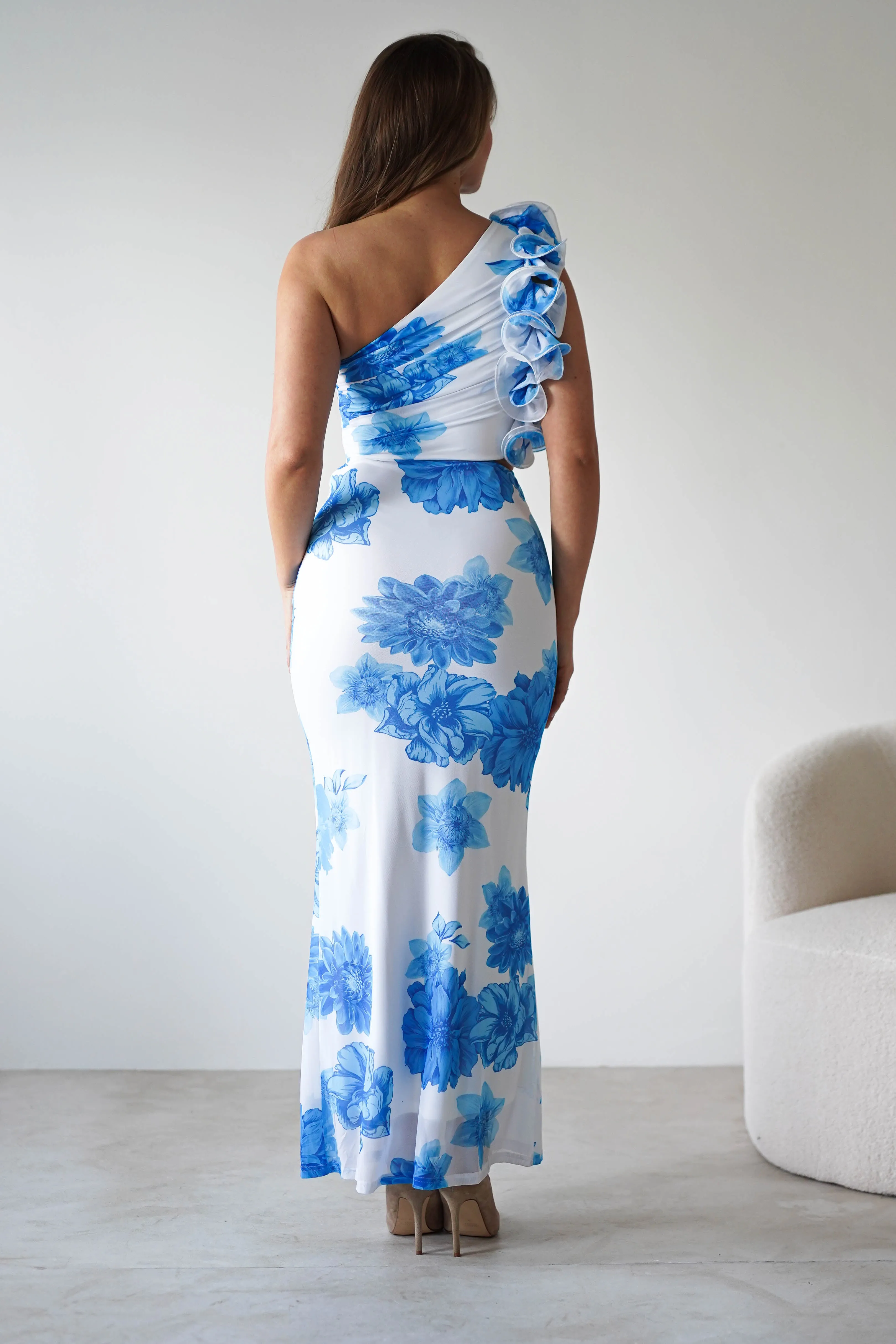 Rhia Ruffle Floral Maxi Dress | Blue/White