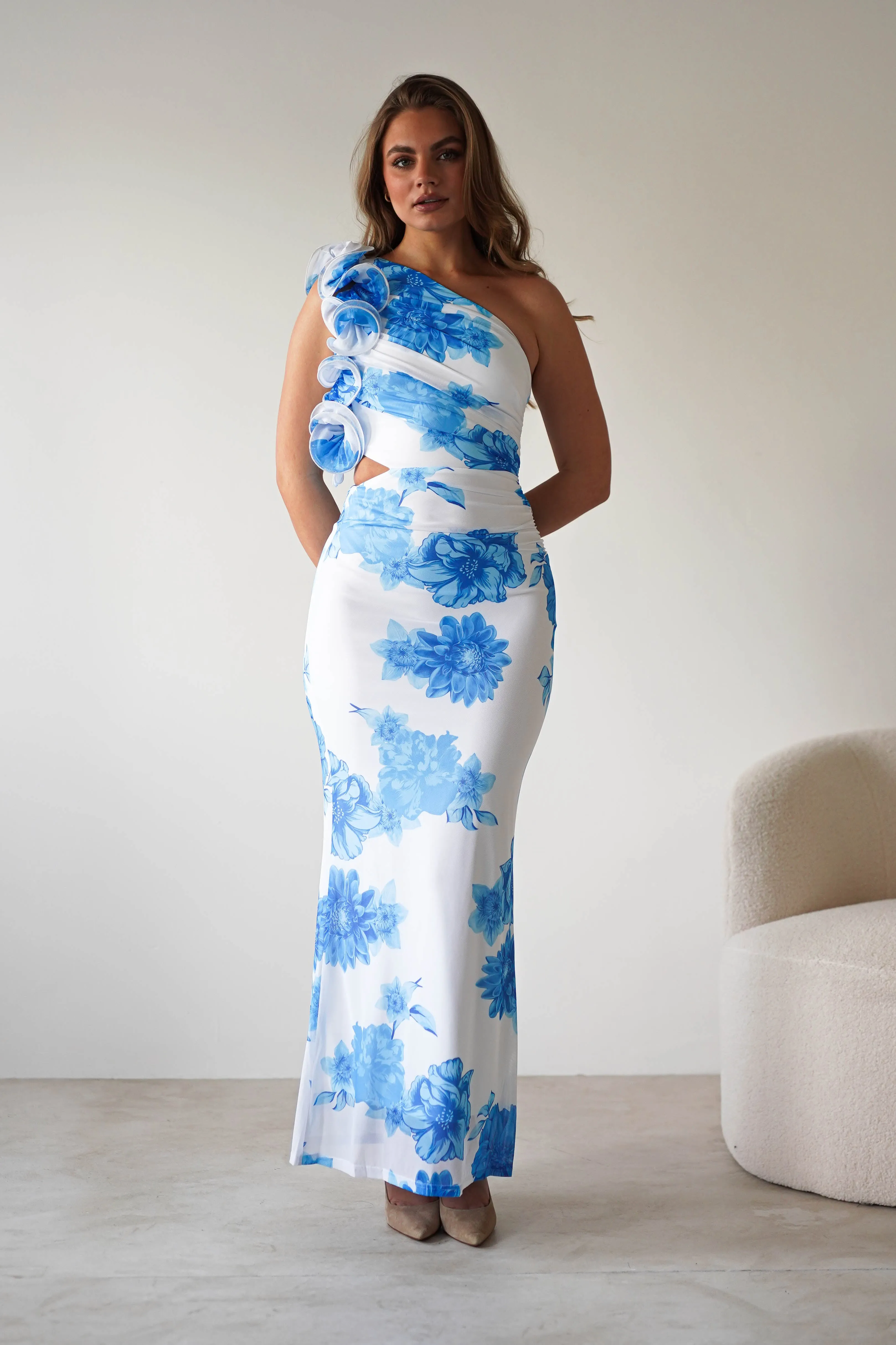 Rhia Ruffle Floral Maxi Dress | Blue/White