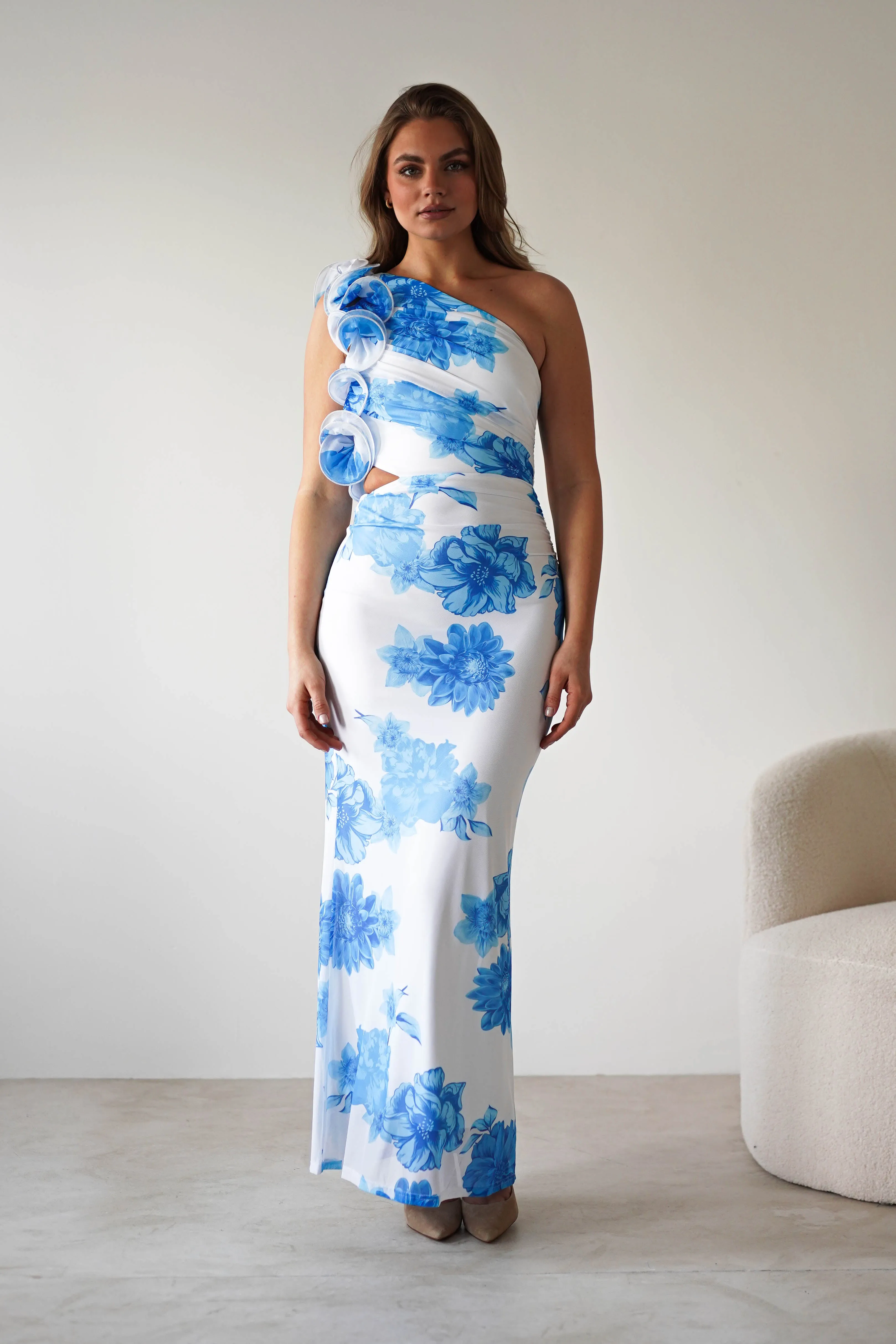 Rhia Ruffle Floral Maxi Dress | Blue/White