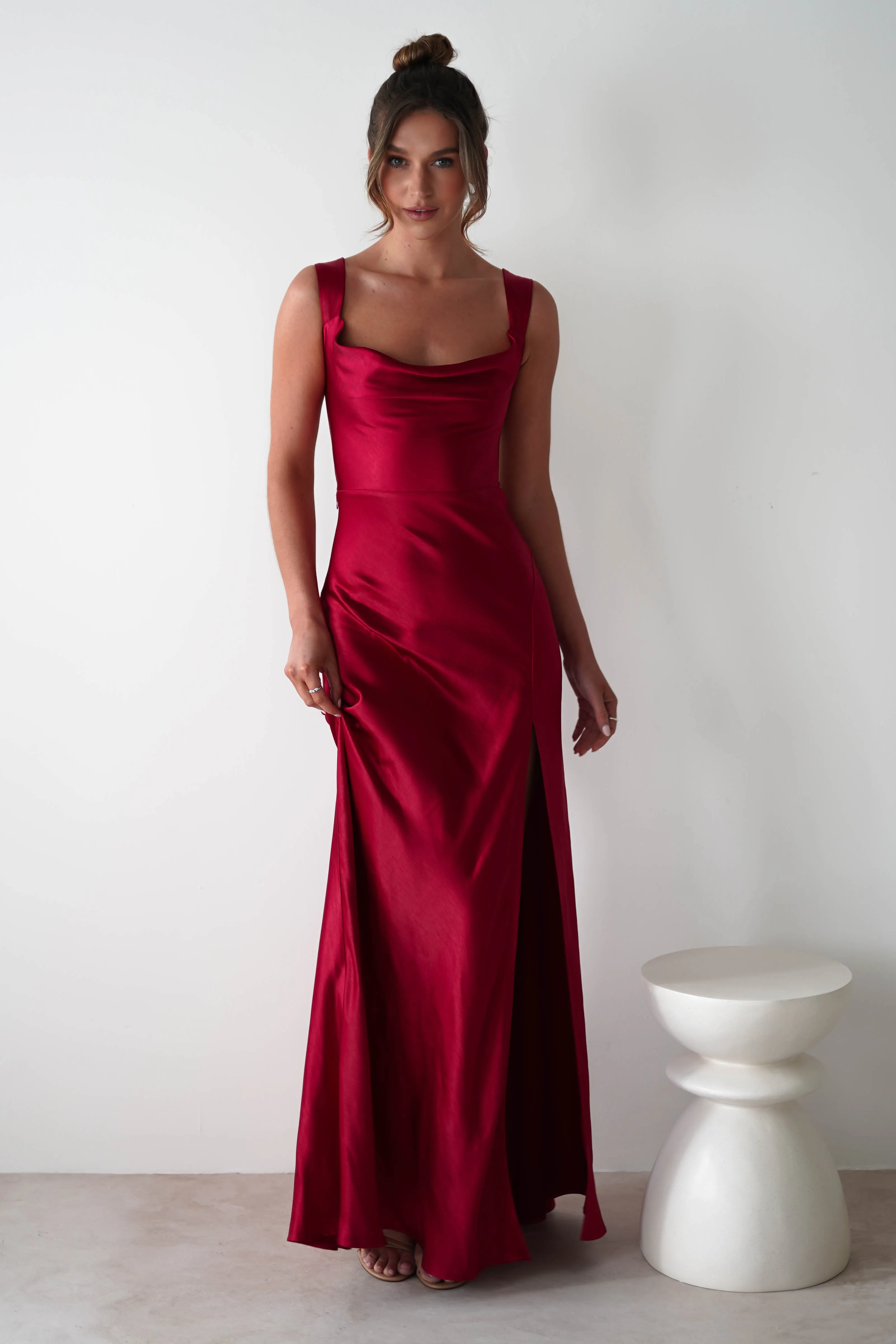 Riviera Soft Satin Maxi Gown | Berry Red