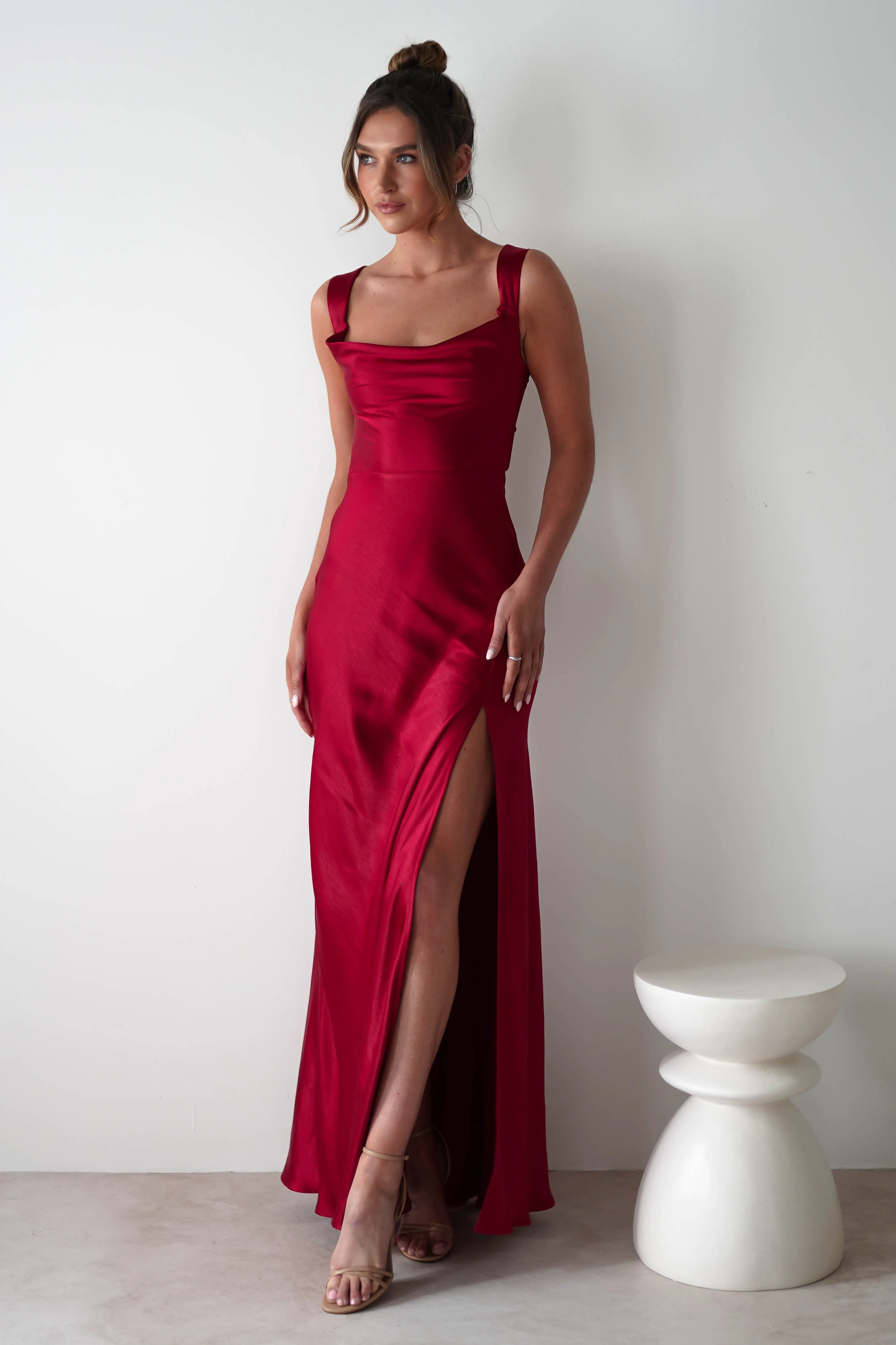 Riviera Soft Satin Maxi Gown | Berry Red