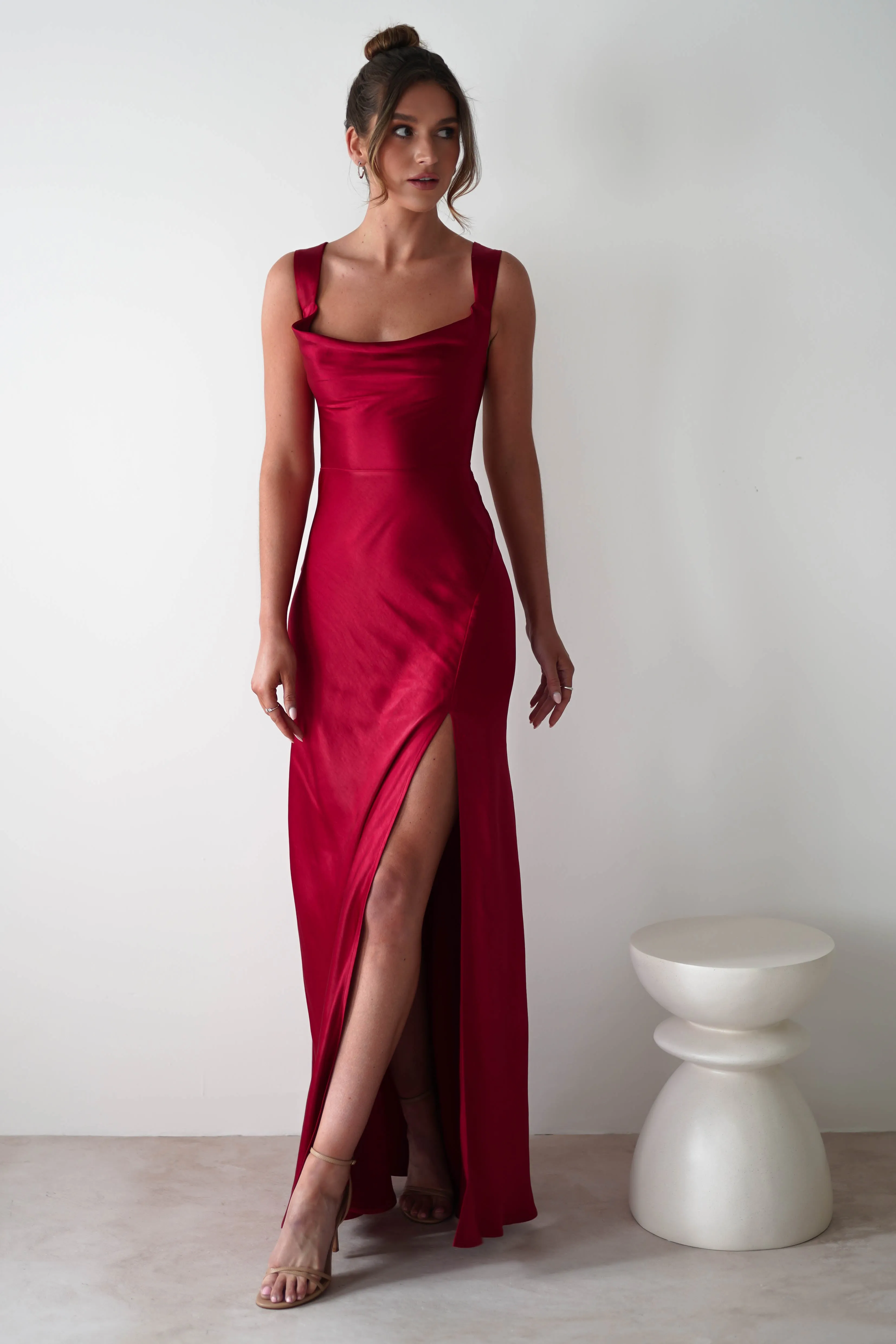Riviera Soft Satin Maxi Gown | Berry Red