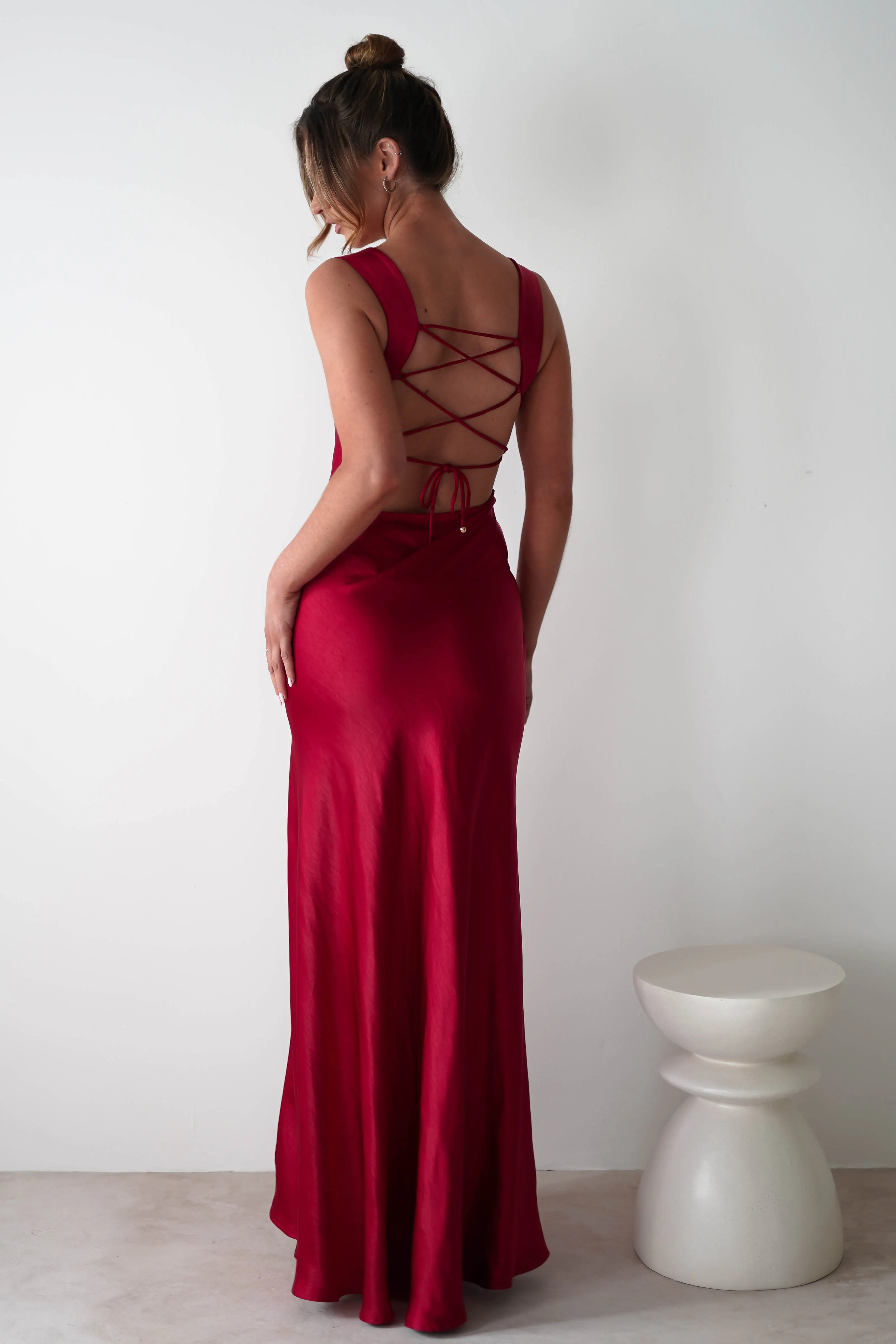 Riviera Soft Satin Maxi Gown | Berry Red