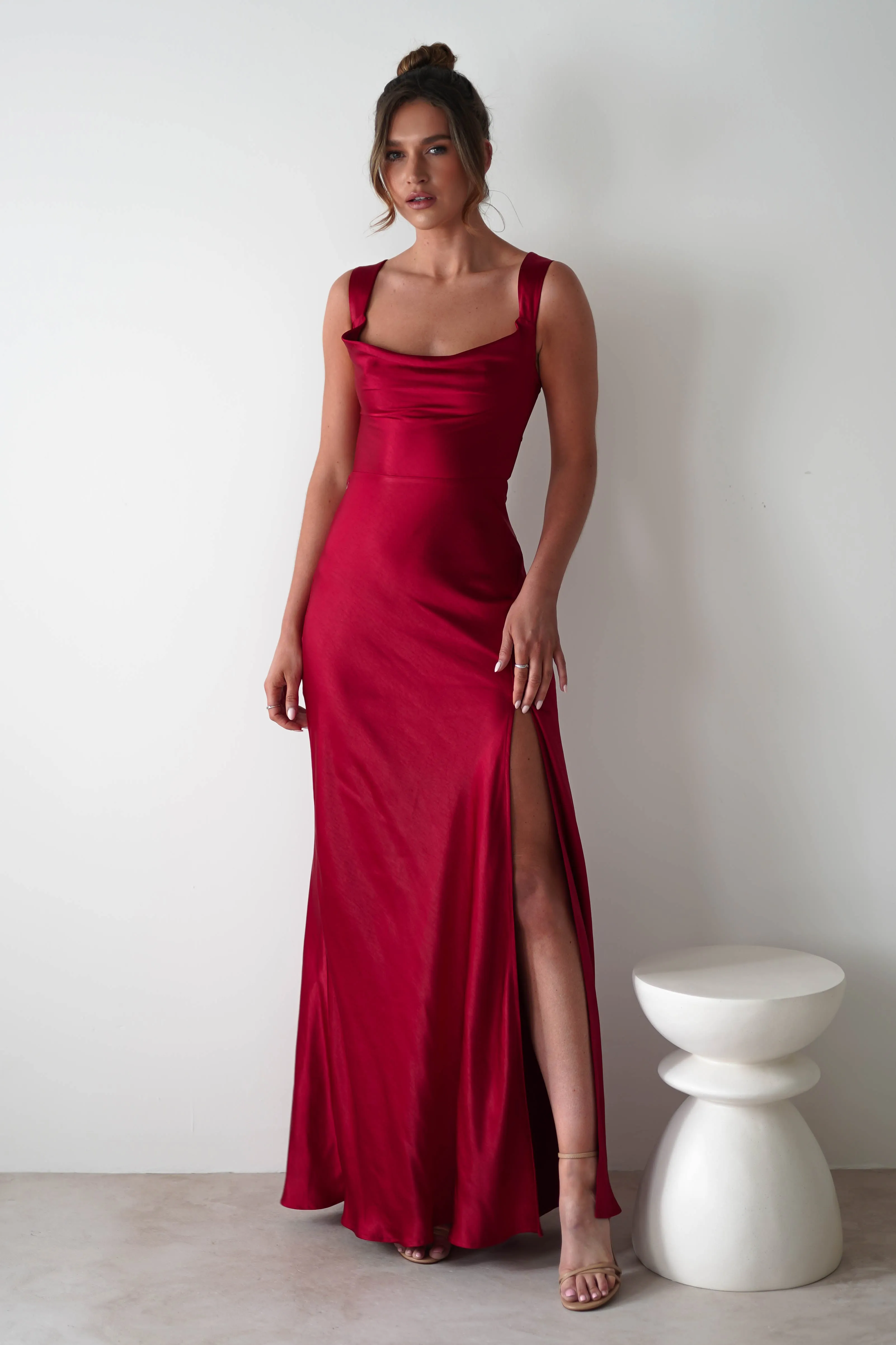 Riviera Soft Satin Maxi Gown | Berry Red